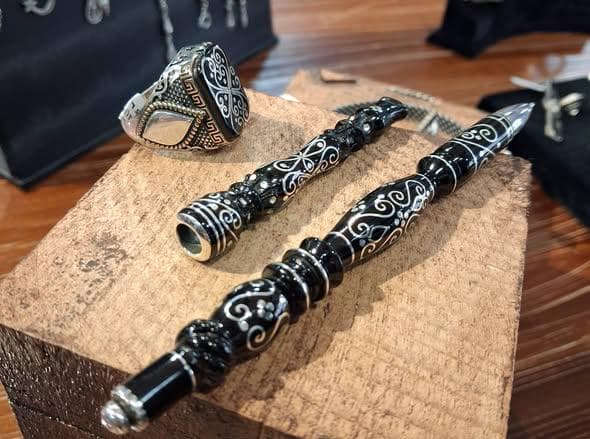 Luxury Jet Stone Executive Gift Set, 925 Sterling Silver Inlaid Ring Pen and Cigarette Holder, Bespoke Black Amber Set, Gift for Him - image 4