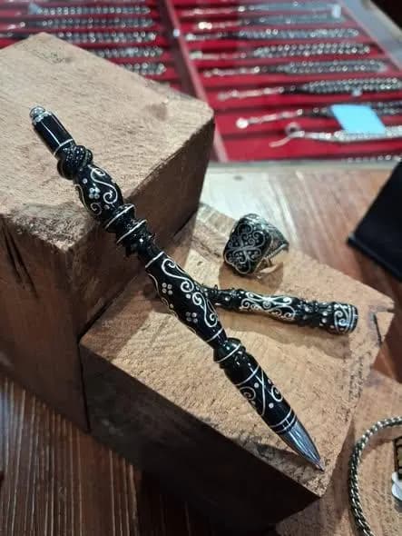 Luxury Jet Stone Executive Gift Set, 925 Sterling Silver Inlaid Ring Pen and Cigarette Holder, Bespoke Black Amber Set, Gift for Him - image 5