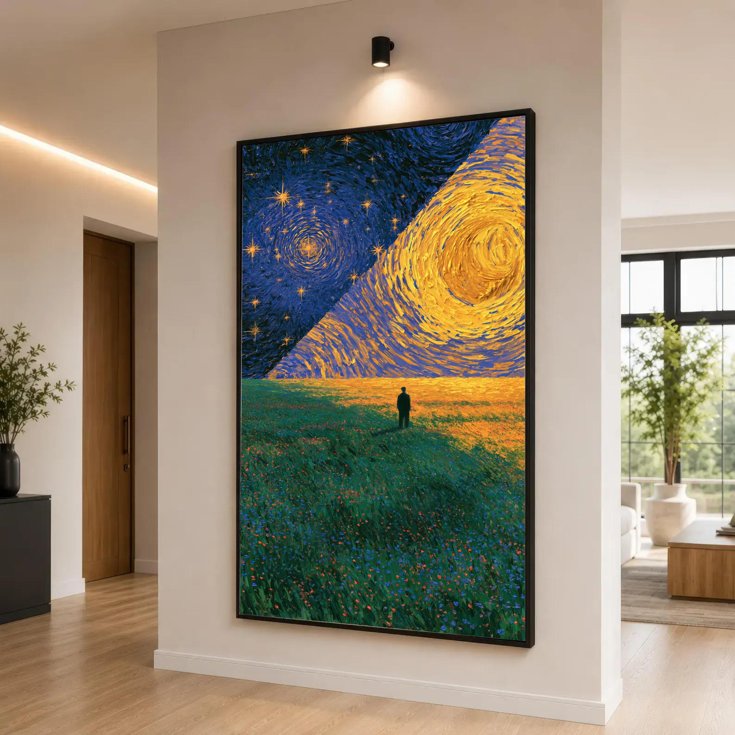Starry Night Landscape Canvas Print, Vibrant Celestial Sky and Field Wall Art for Modern Home Decor, Unique Art Piece, landscape wall art