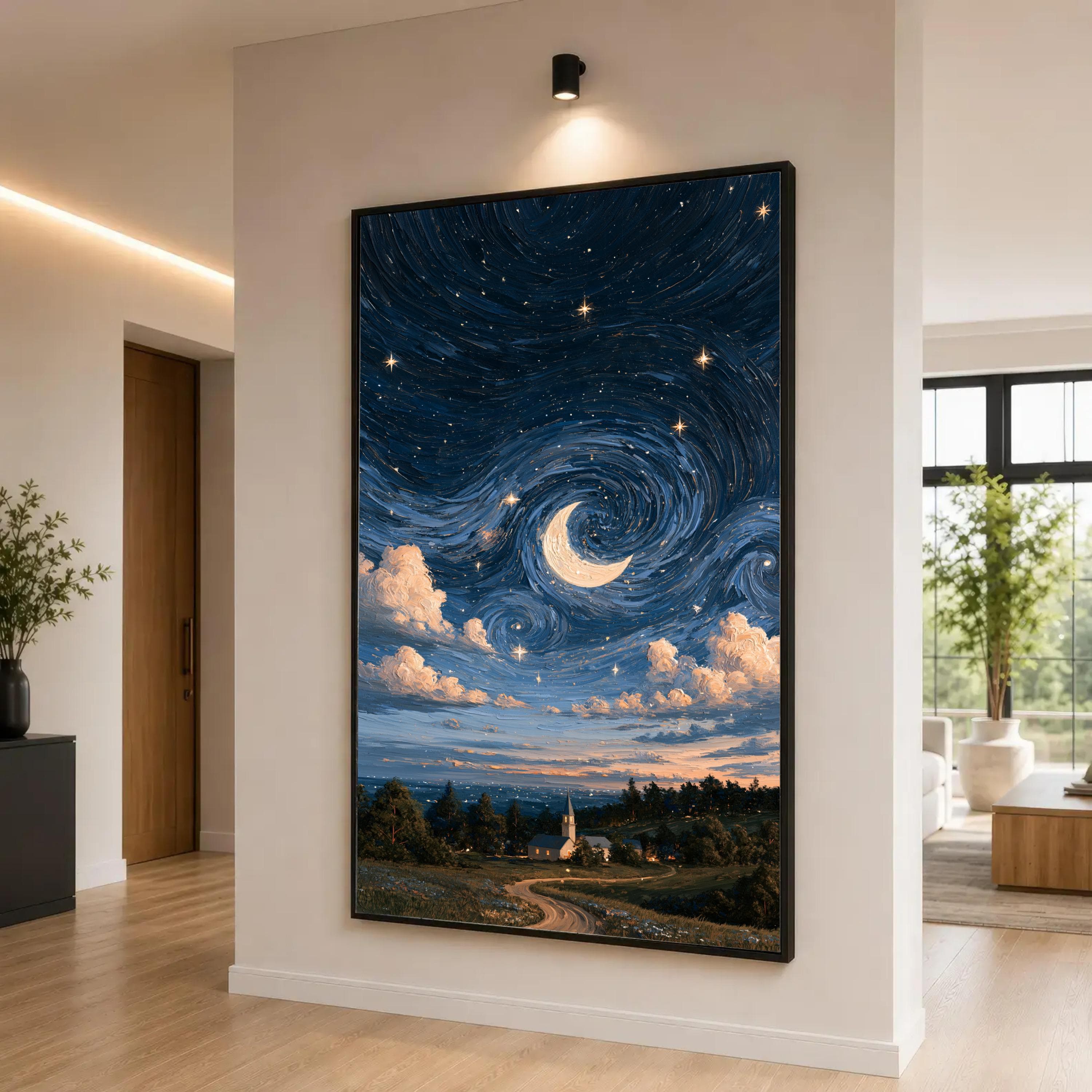 Moonlit Night Sky Canvas Print, Dreamy Landscape Wall Art for Home Decor, Starry Sky and Clouds Art for Living Room, moonlit canvas