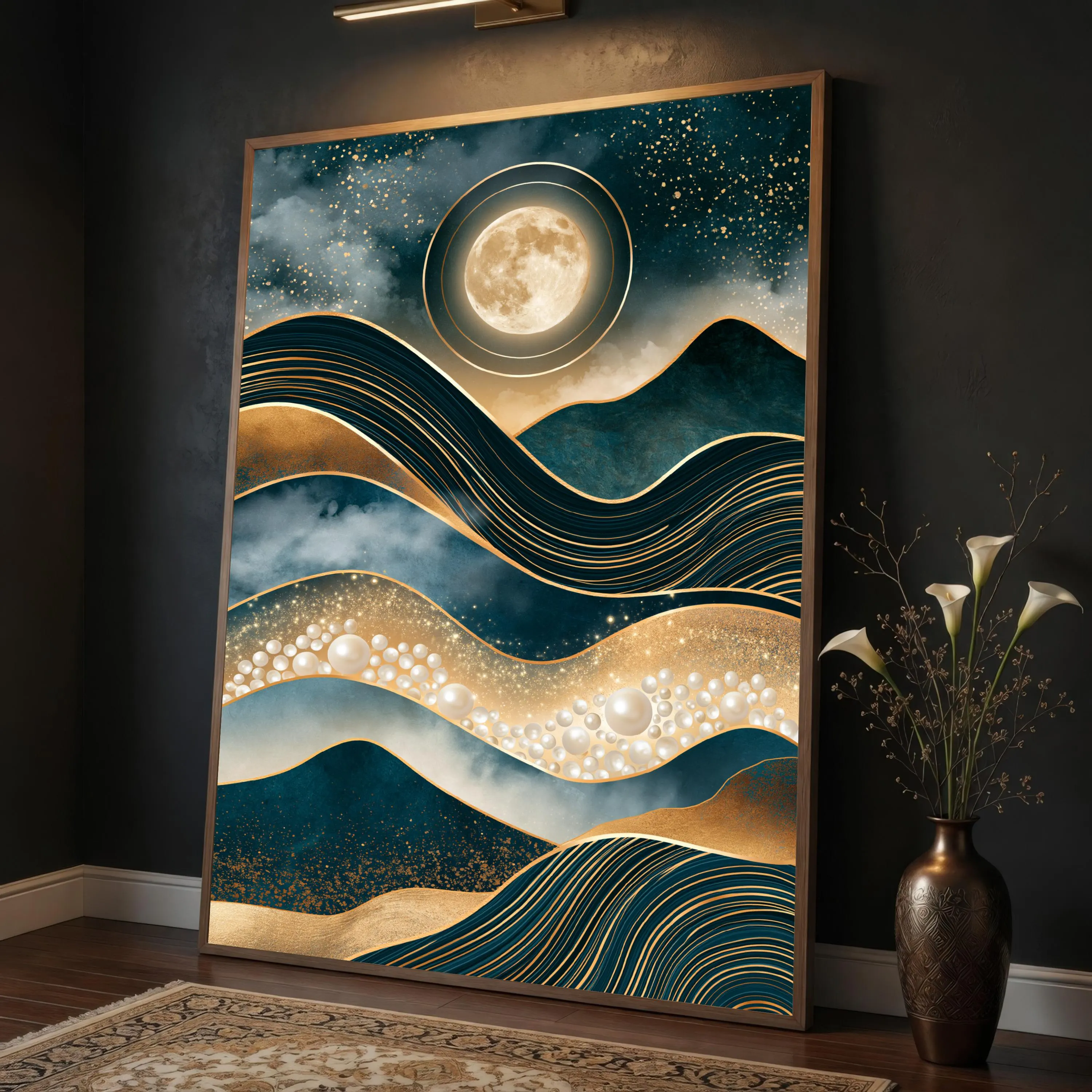 Moonlit Waves Canvas Print, Abstract Wall Art with Gold and Blue Tones for Modern Home Decor in Living Room or Bedroom, moonlit waves art