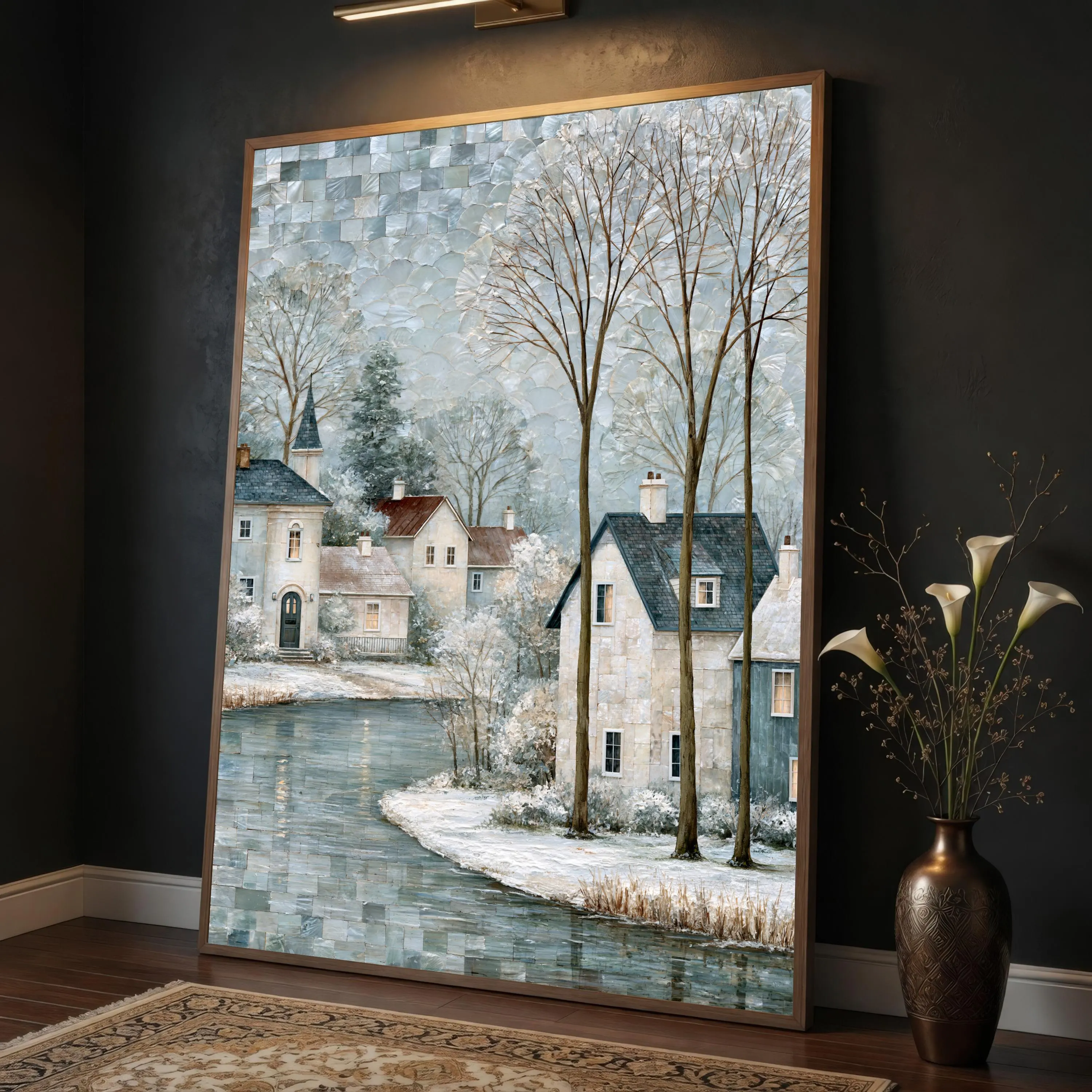 Vintage Winter Landscape Canvas Print, Serene Snowy Village Scene with River and Trees, Cozy Home Decor for Living Room, winter wall art