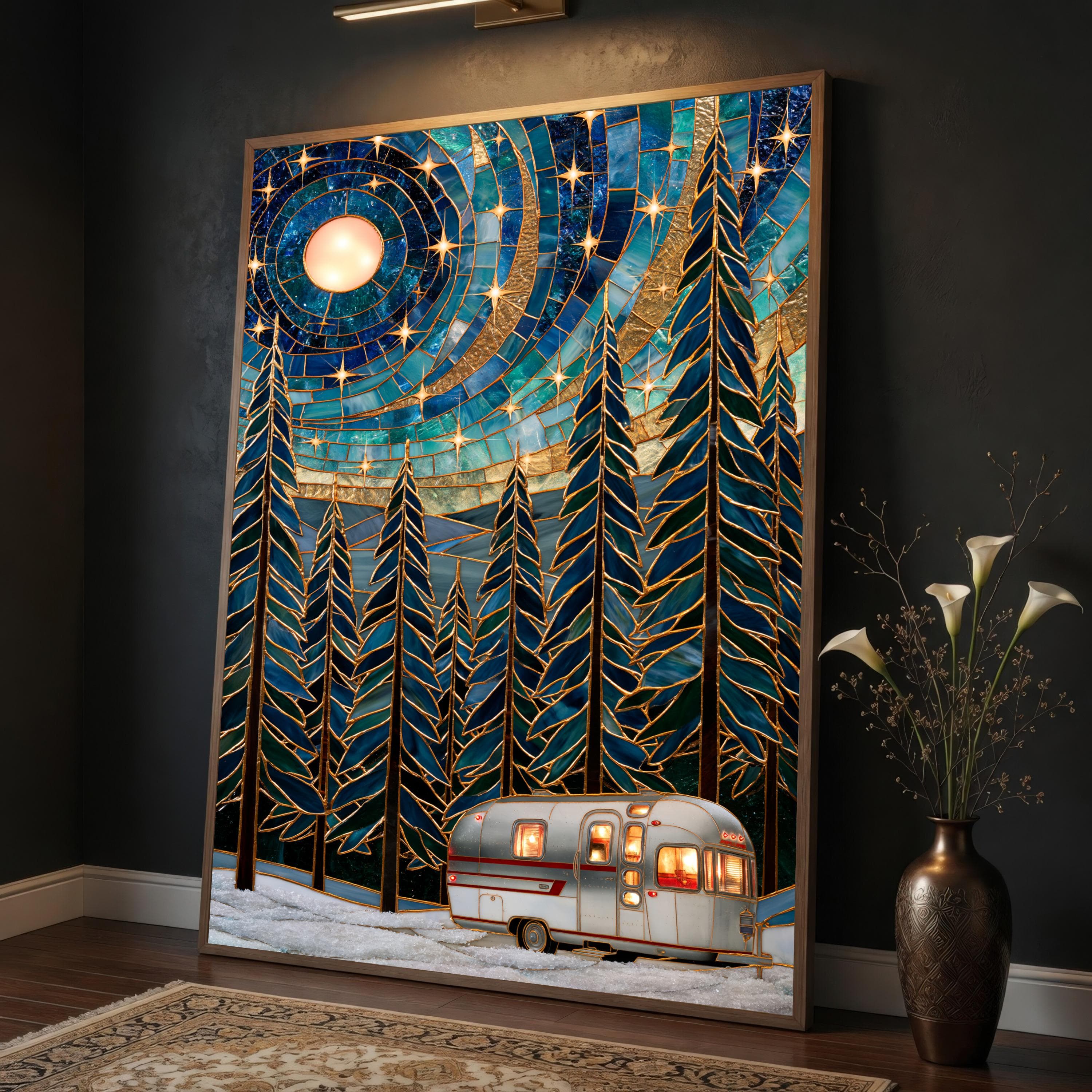 Vintage Forest Canvas Print, Cozy Camper in Starry Night, Rustic Wall Art for Cabin Decor, Nature Lovers, Home Aesthetic