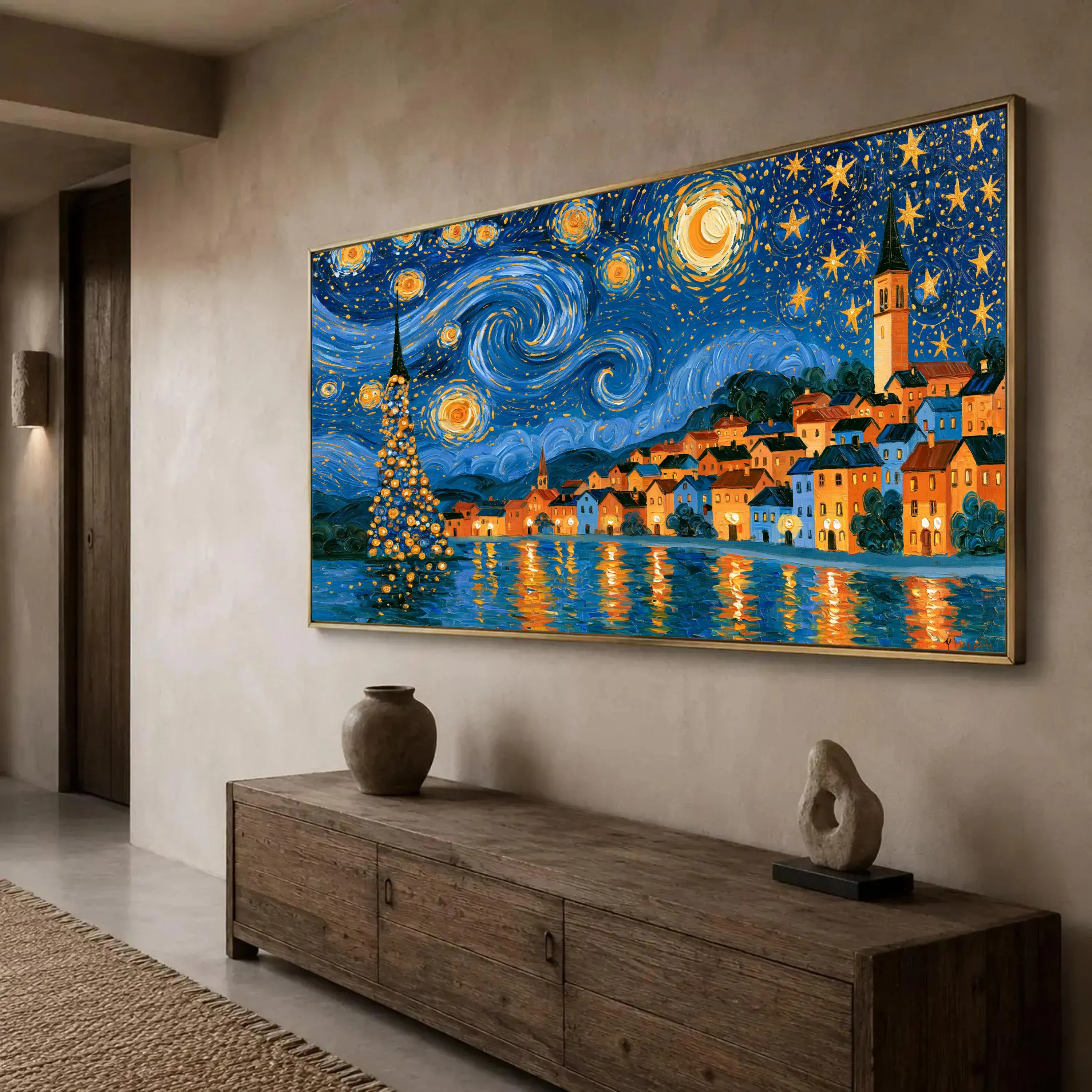 Starry Night City Canvas Print, Vibrant Art for Living Room, Colorful Wall Decor, Night Sky Landscape, Home Aesthetic Art