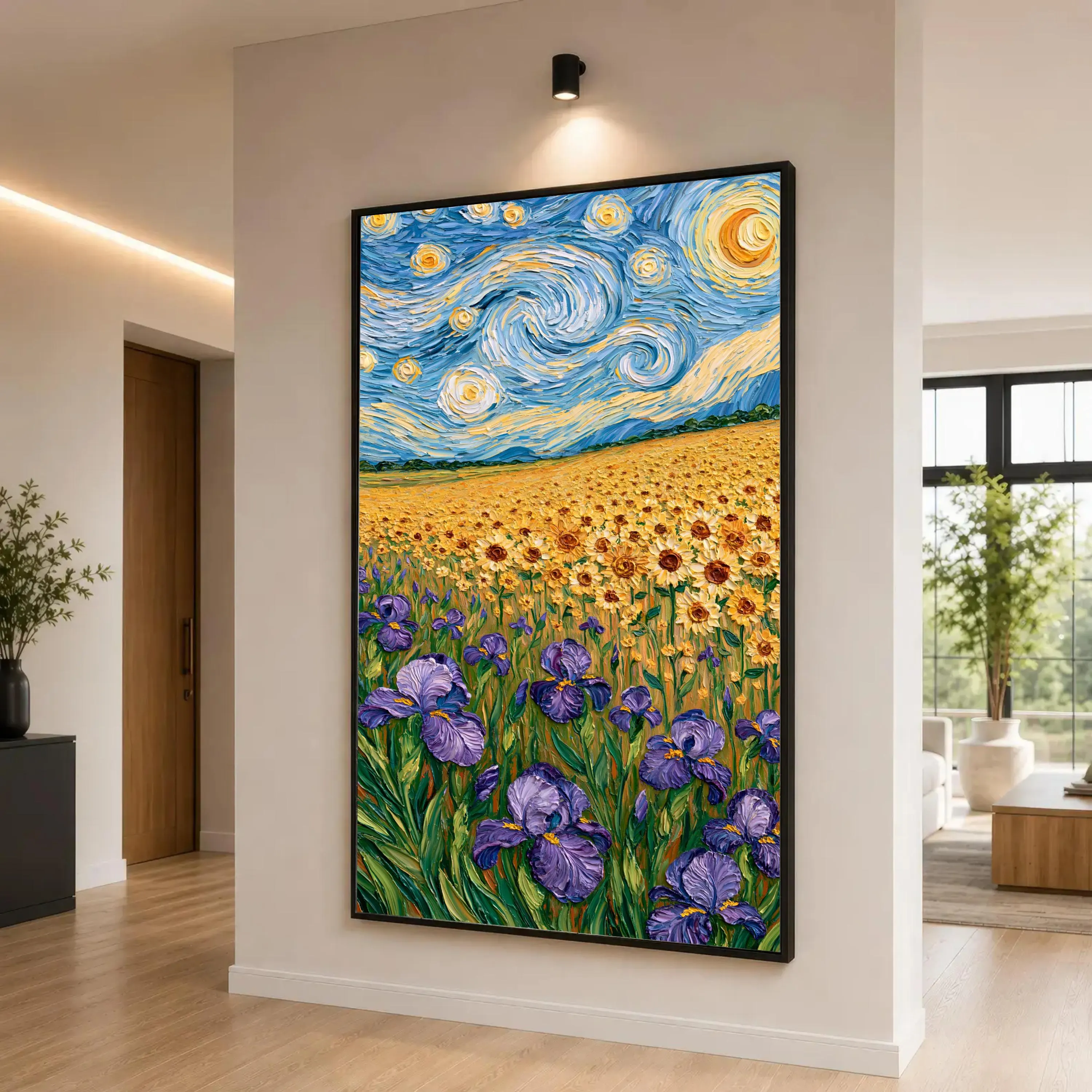 Vibrant Sunflower and Iris Canvas Print, Colorful Floral Wall Art for Home Decor, Nature Landscape Art, Bright and Cheerful