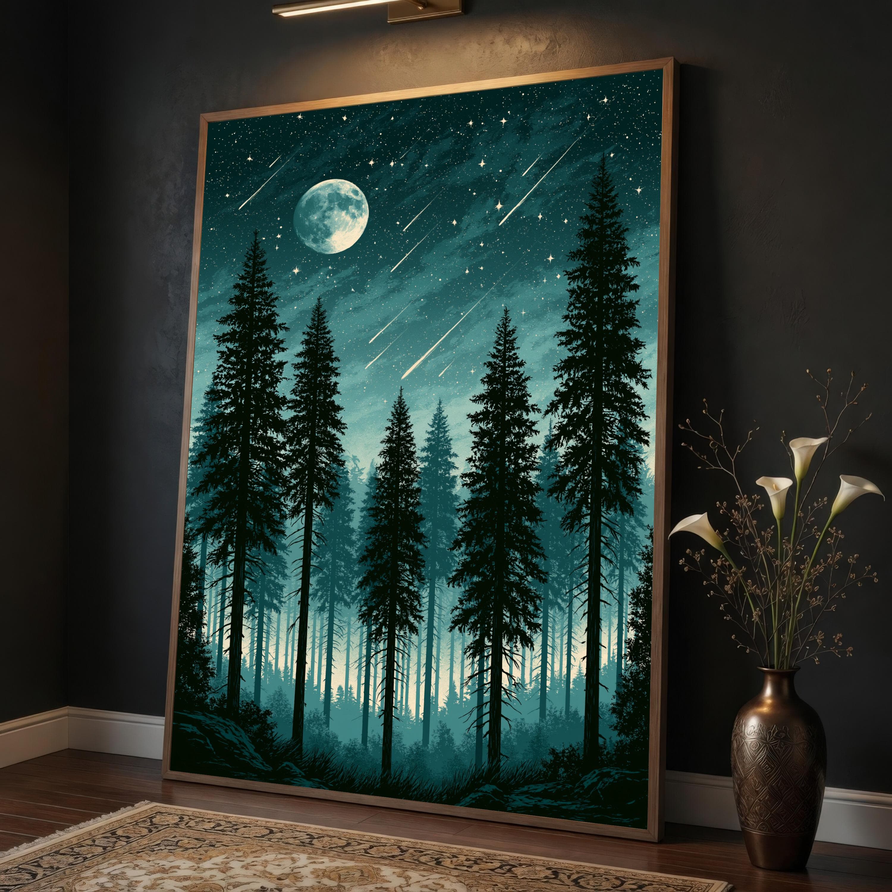 Moody Forest Canvas Print, Starry Night Sky with Full Moon, Pine Trees and Shooting Stars, Nature Wall Art for Home Decor