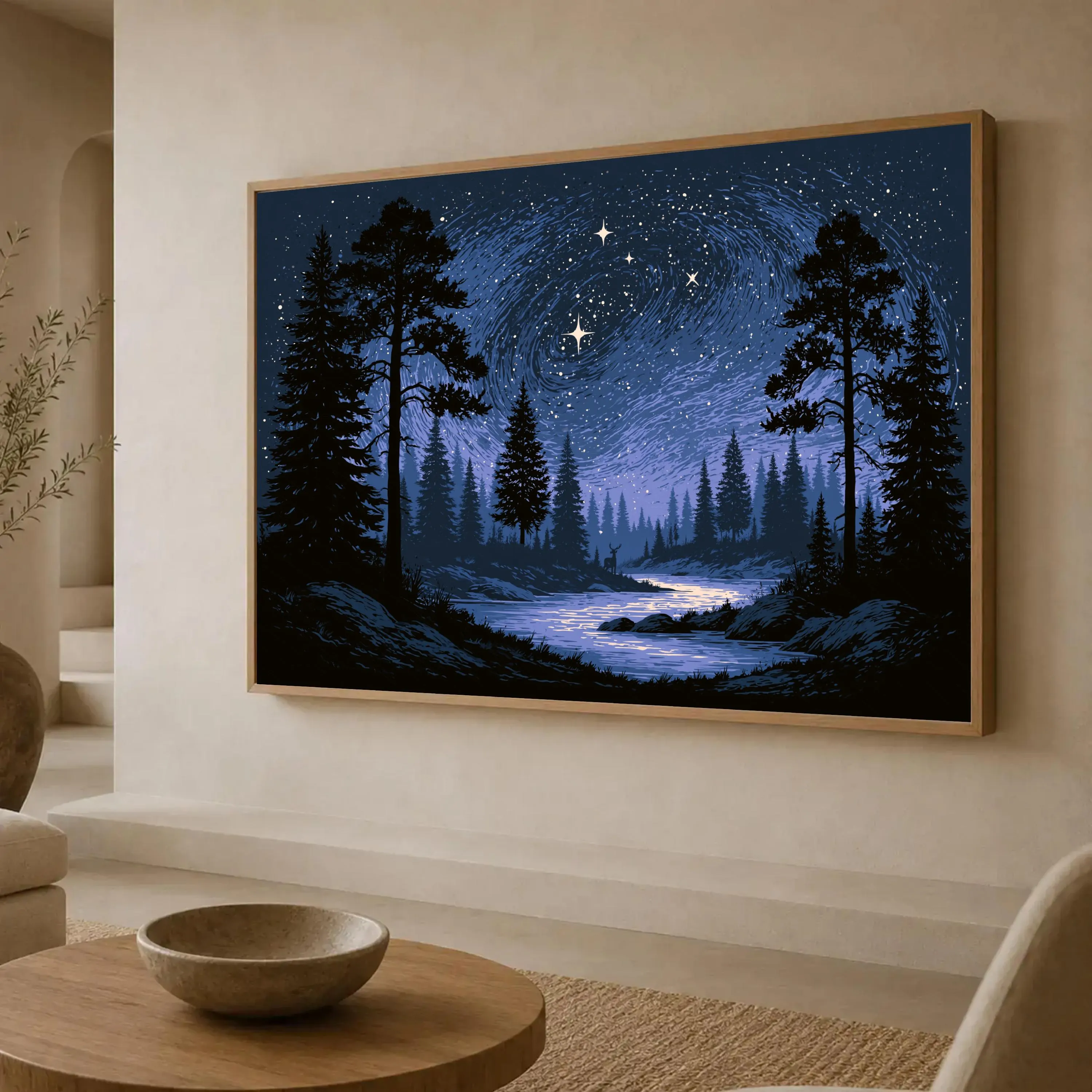 Moody Night Sky Canvas Print, Starry Forest and River Scene, Nature Wall Art for Living Room or Bedroom Decor, night sky print