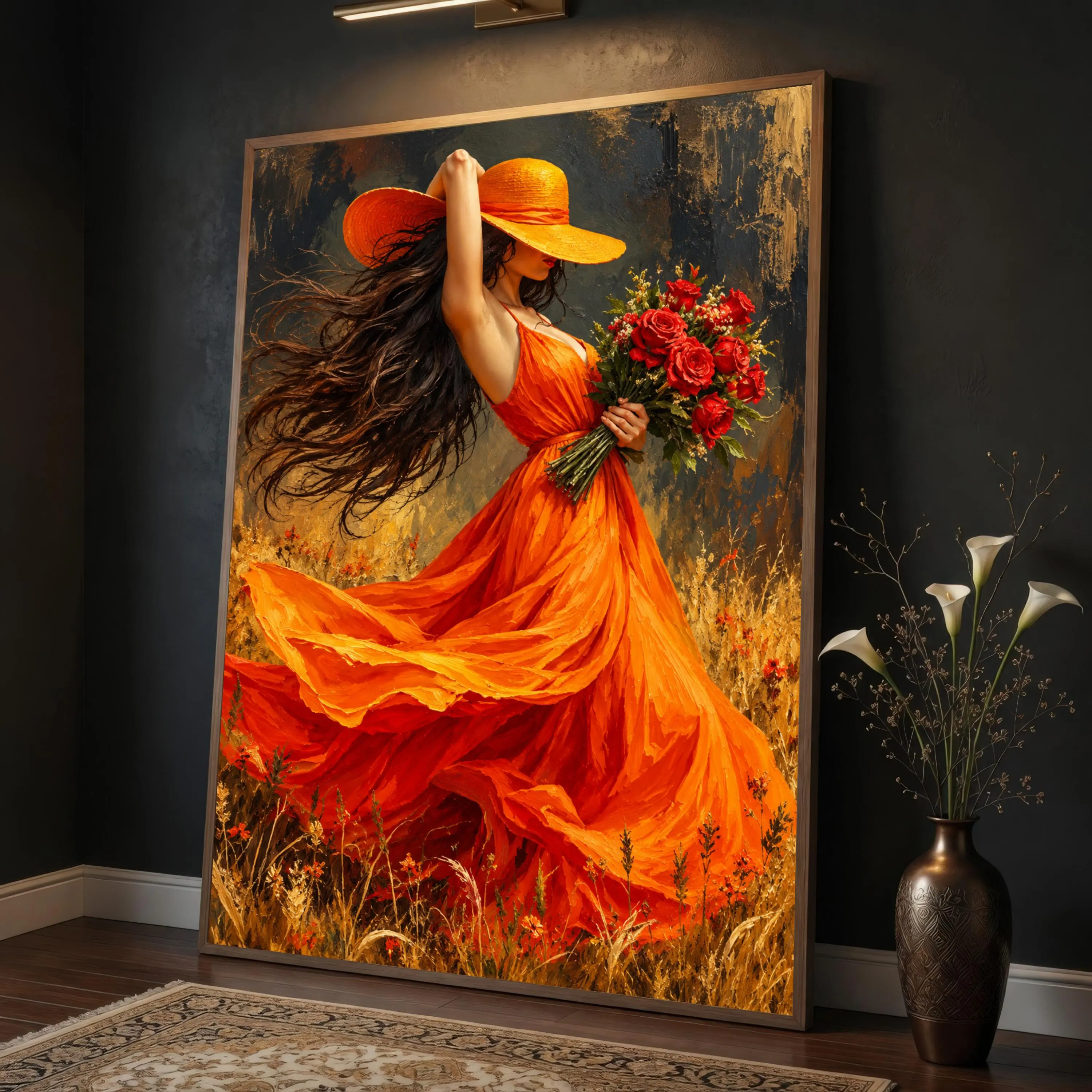 Vibrant Woman in Orange Dress Canvas Print, Floral Wall Art, Colorful Home Decor for Living Room or Bedroom Spaces, canvas wall art