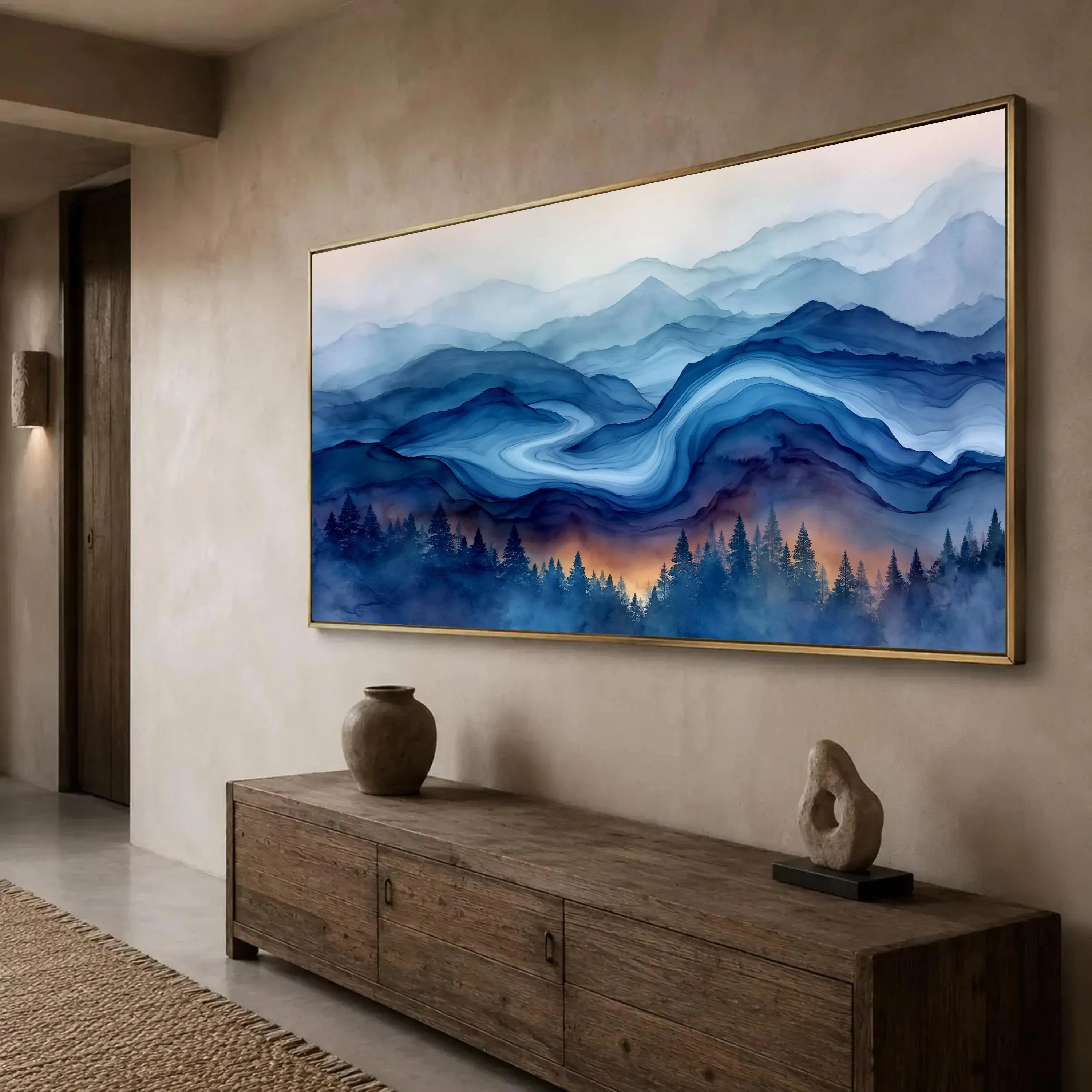 Moody Mountain Landscape Canvas Print, Blue and Gray Abstract Wall Art for Home Decor, Nature Inspired Design, mountain wall art