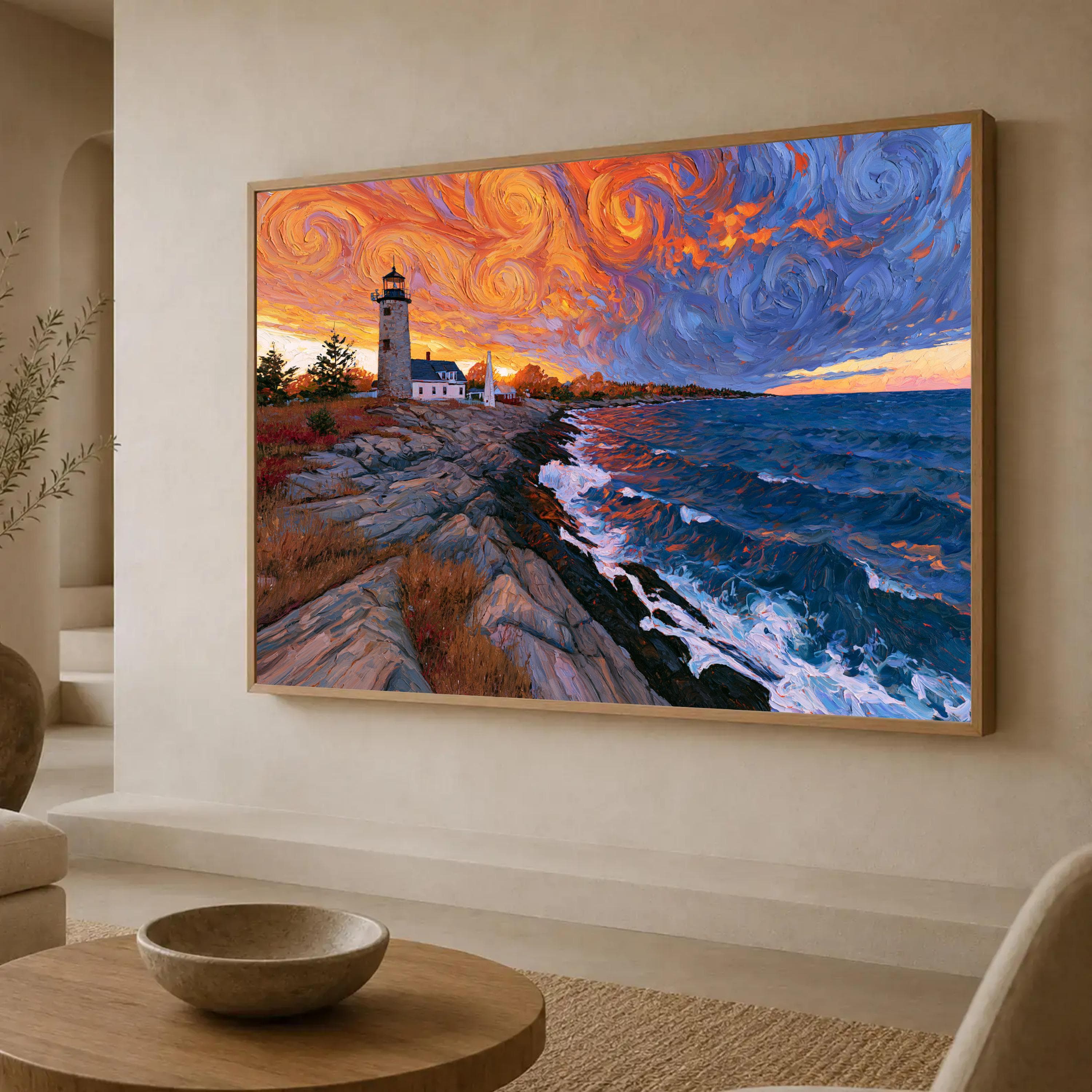 Vintage Lighthouse Canvas Print, Coastal Sunset Wall Art, Nautical Decor for Living Room, Colorful Ocean Landscape, lighthouse art