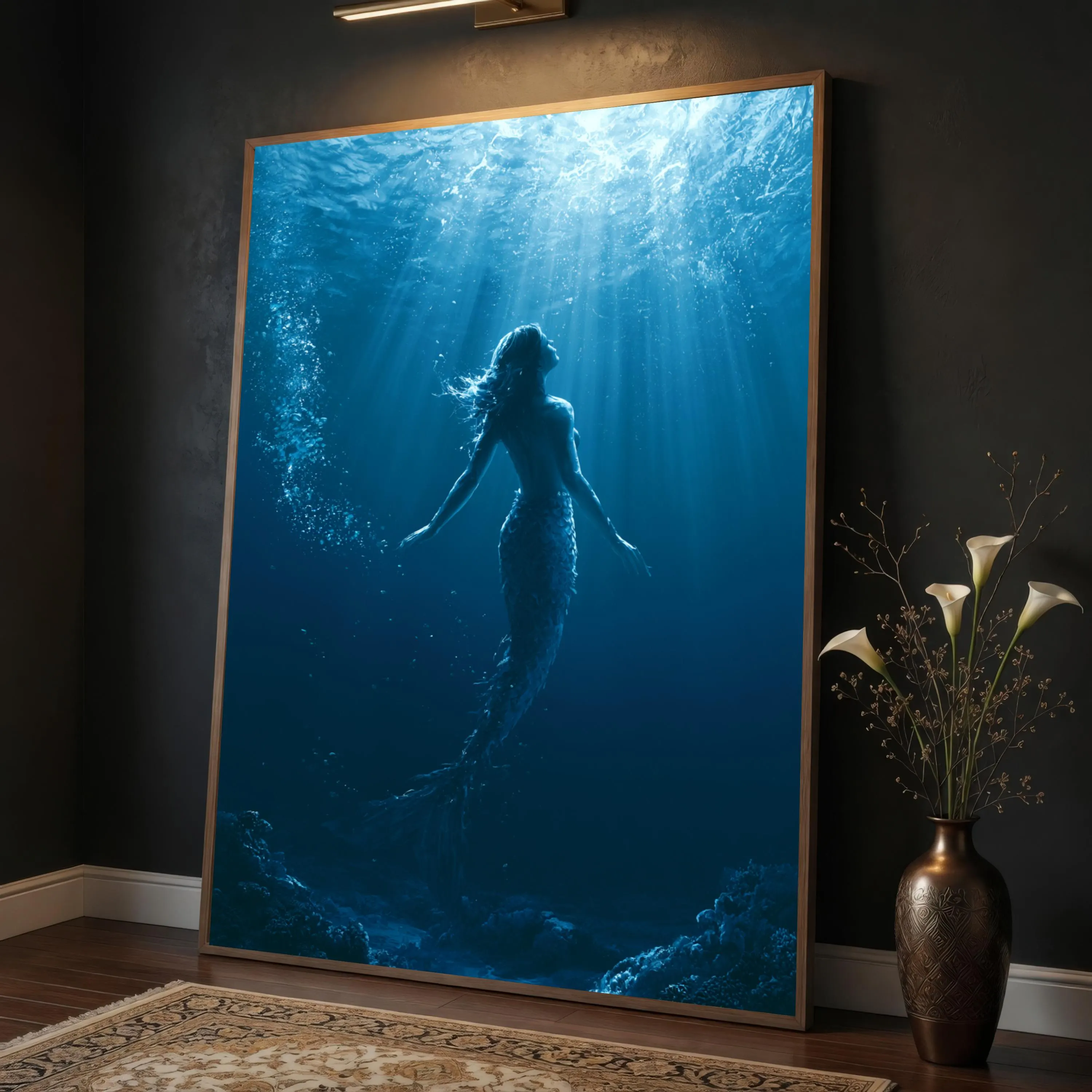 Mermaid Canvas Print, Underwater Ocean Fantasy Art, Coastal Siren Wall Decor
