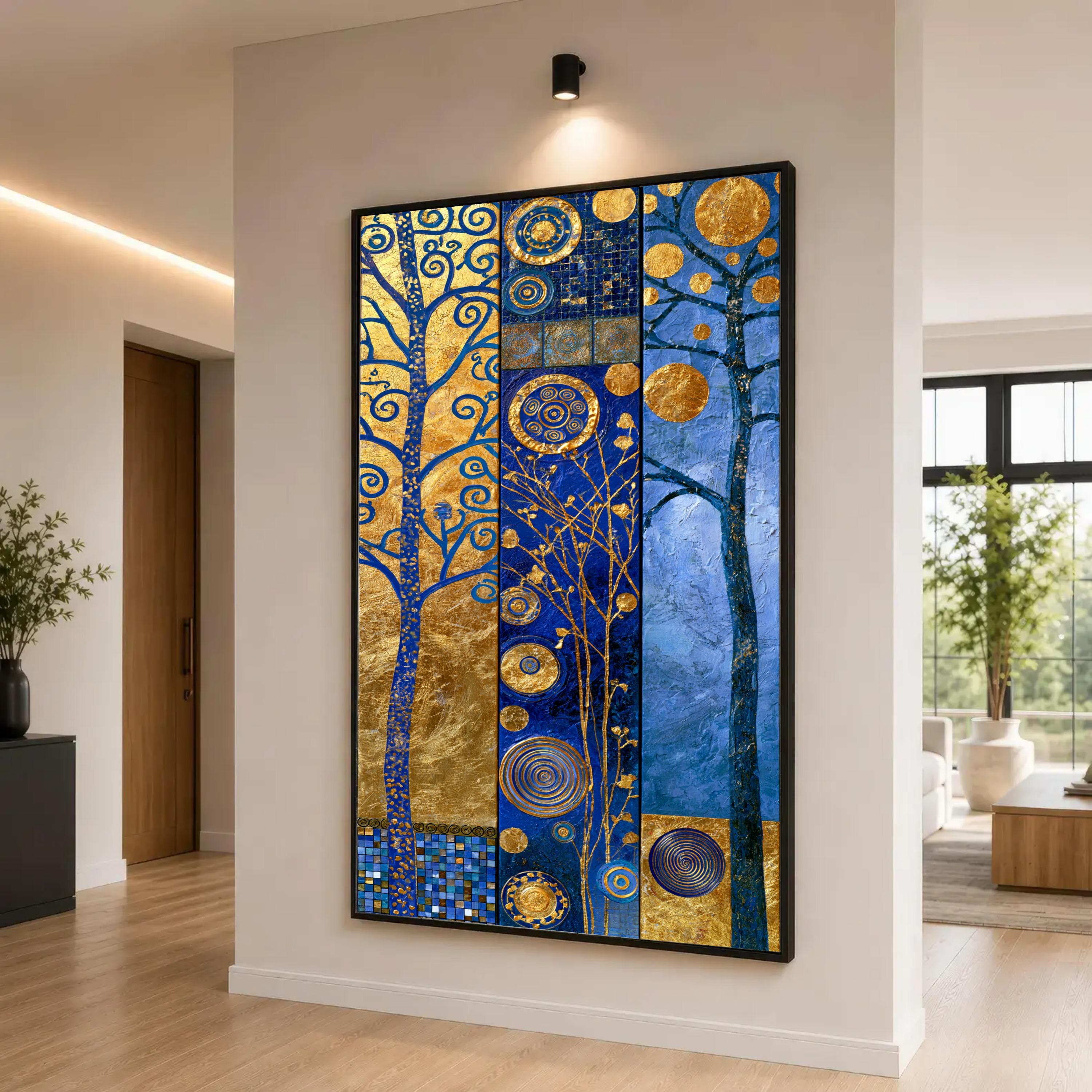Blue and Gold Abstract Canvas Print, Modern Wall Art with Spirals and Trees, Unique Decor for Living Room or Bedroom, abstract wall art