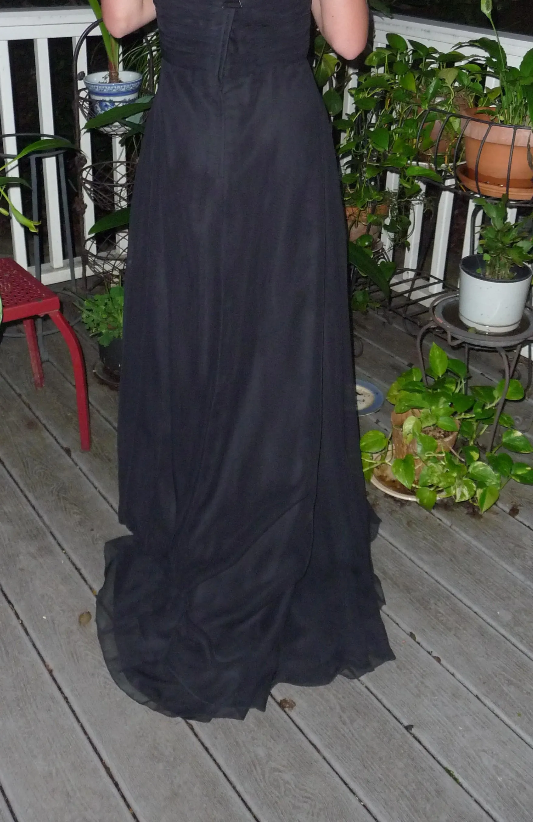 elegant strapless long black formal dress, layers of black crepe in the front, Diagonal folds at the bust, flattering size 10, - image 5