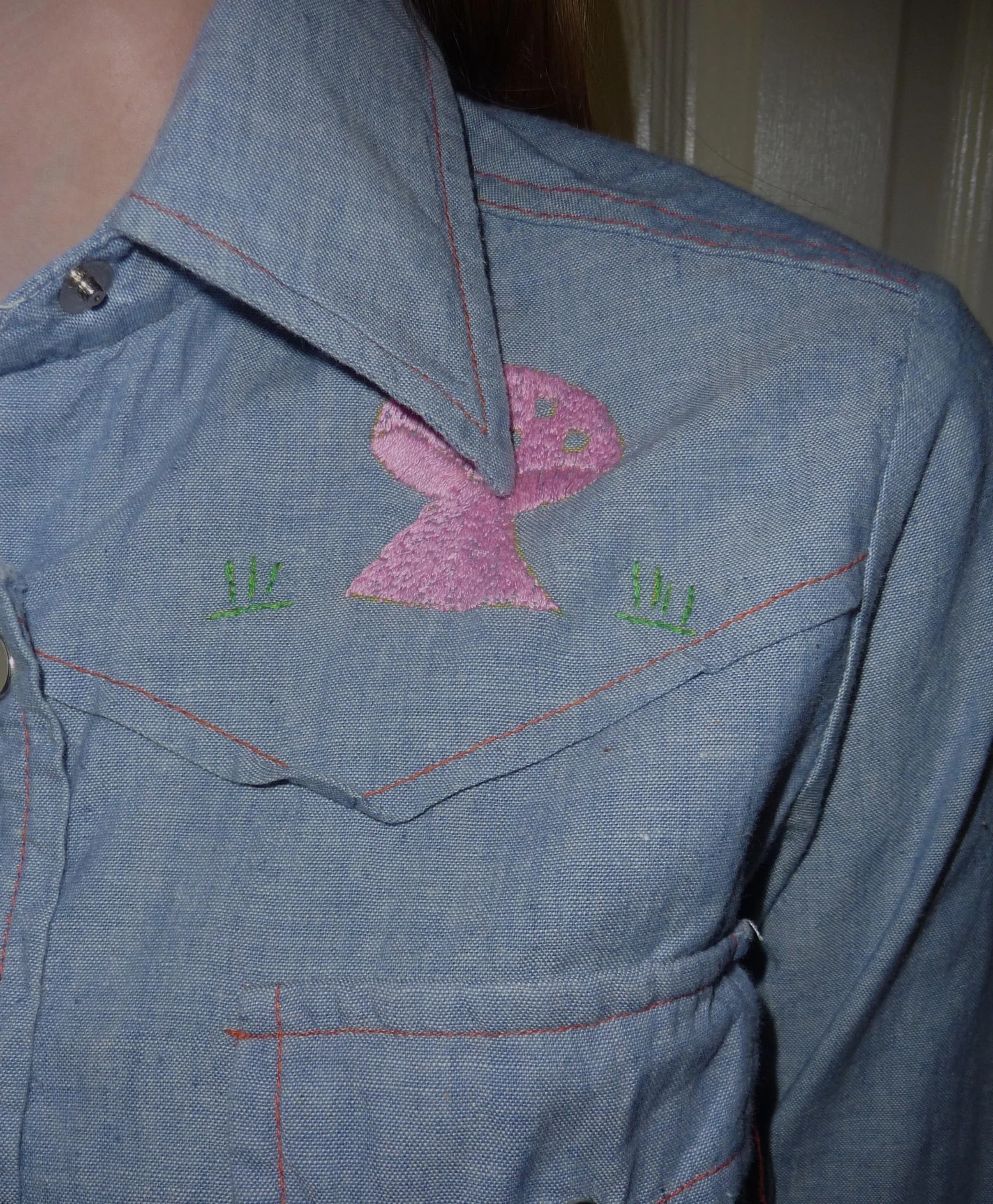 vintage western denim shirt with embroidery, toad stools, palm tree, toucan, sun on back and front - image 3
