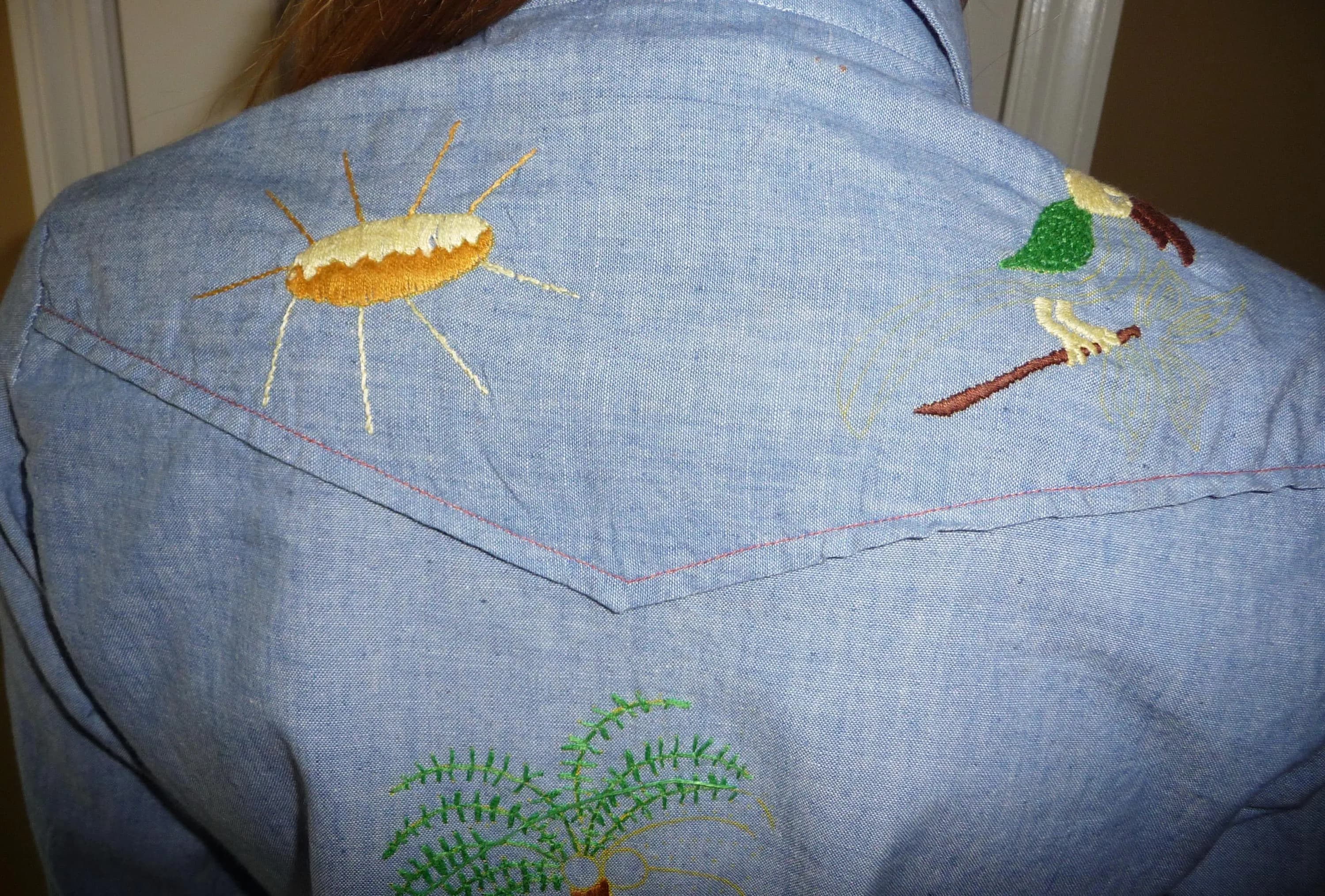 vintage western denim shirt with embroidery, toad stools, palm tree, toucan, sun on back and front - image 4
