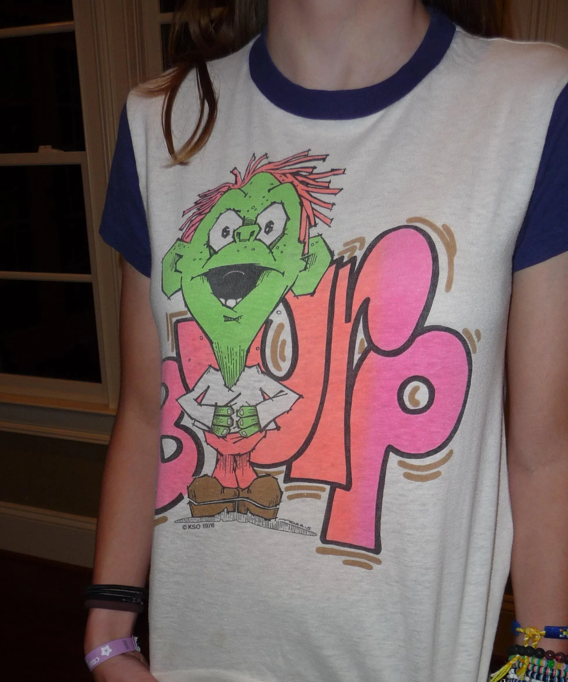 1976 youth sz 14-16 Lg Tee Shirt Comical character BURP, pink green and brown.Cotton& polyester, length 22" across front 15" sleeves 4" - image 3