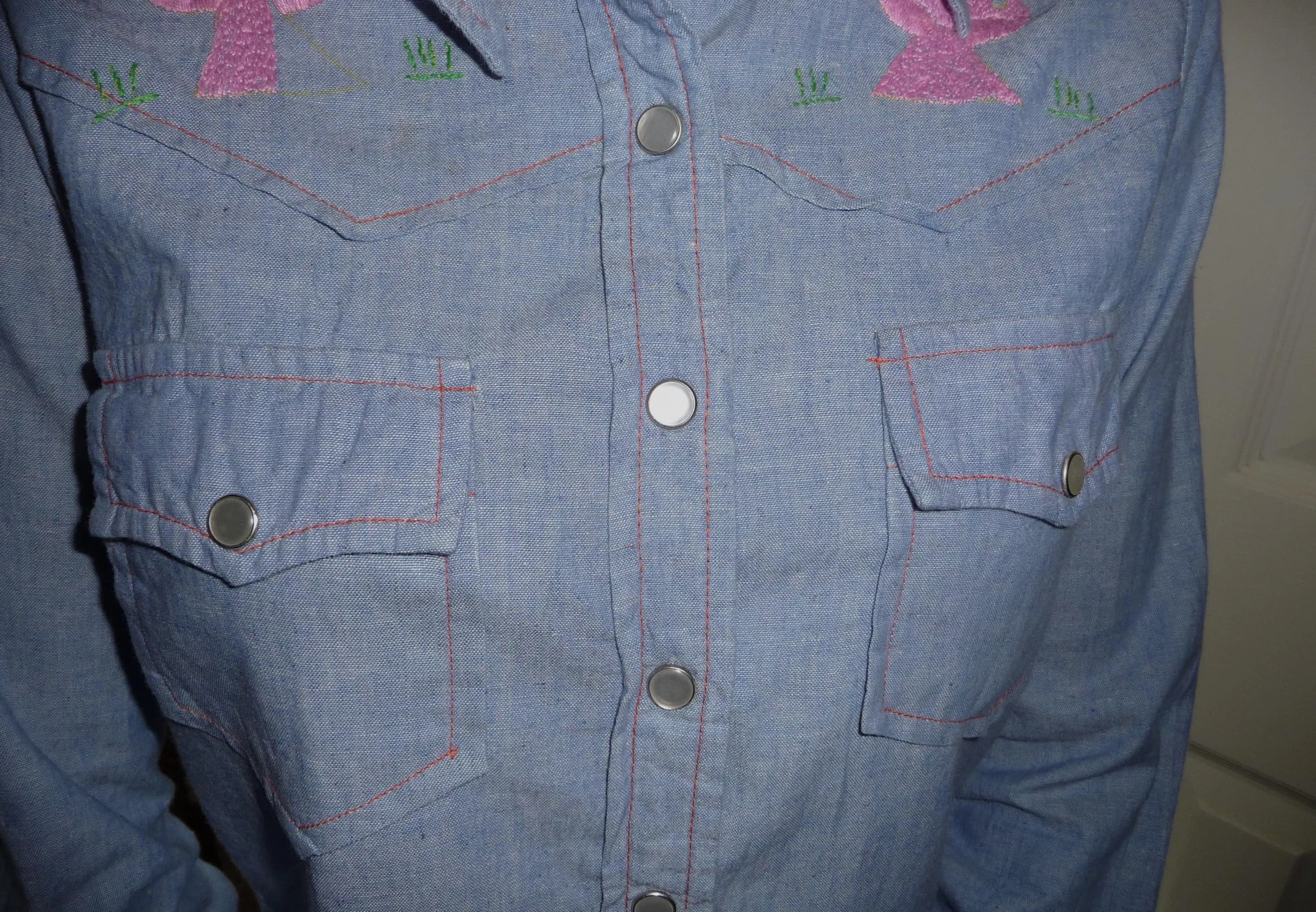 vintage western denim shirt with embroidery, toad stools, palm tree, toucan, sun on back and front - image 5