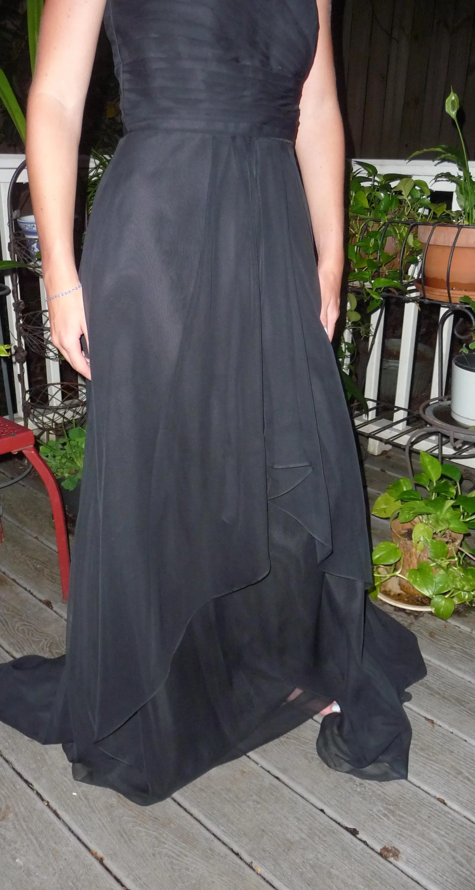 elegant strapless long black formal dress, layers of black crepe in the front, Diagonal folds at the bust, flattering size 10, - image 4