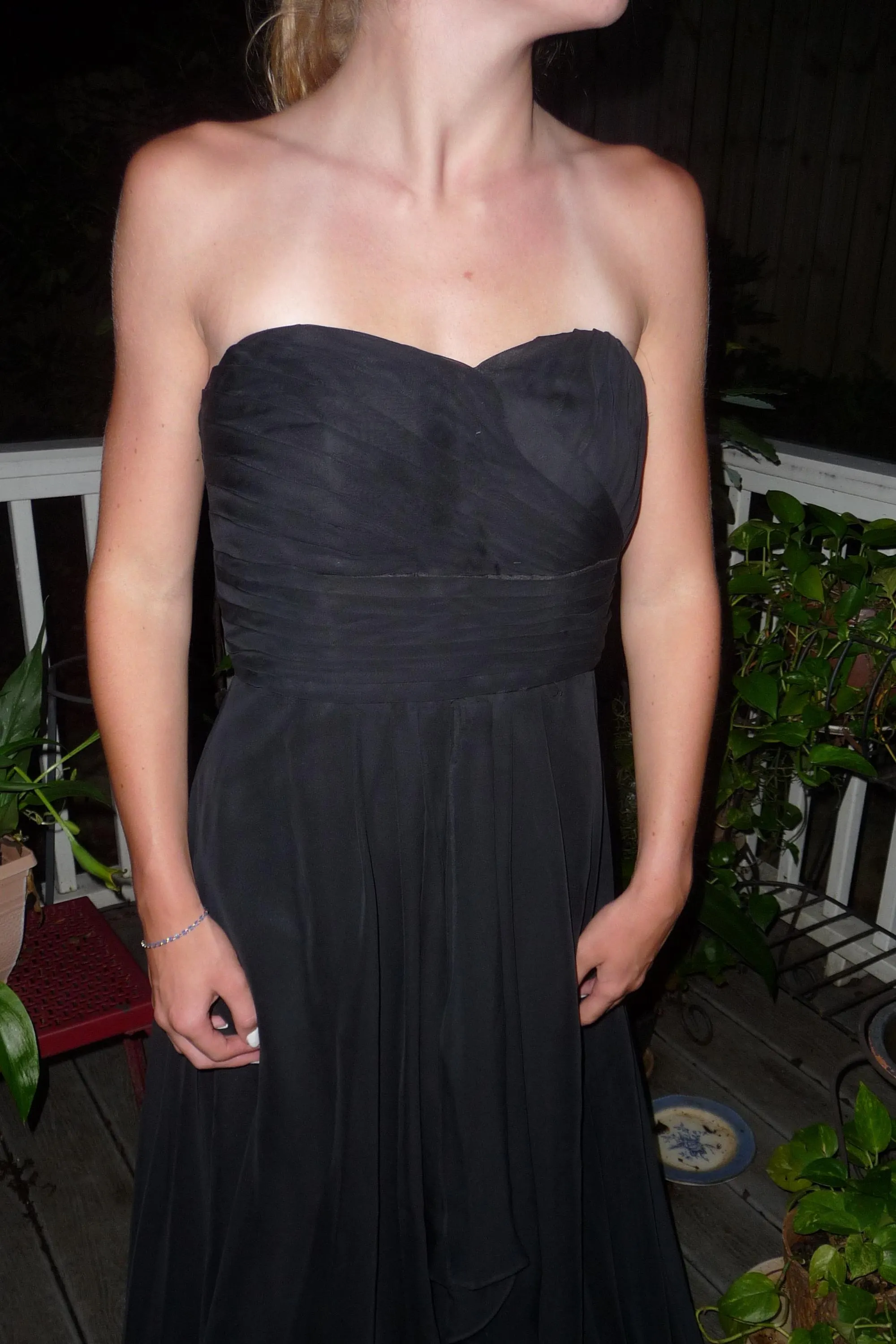 elegant strapless long black formal dress, layers of black crepe in the front, Diagonal folds at the bust, flattering size 10, - image 3