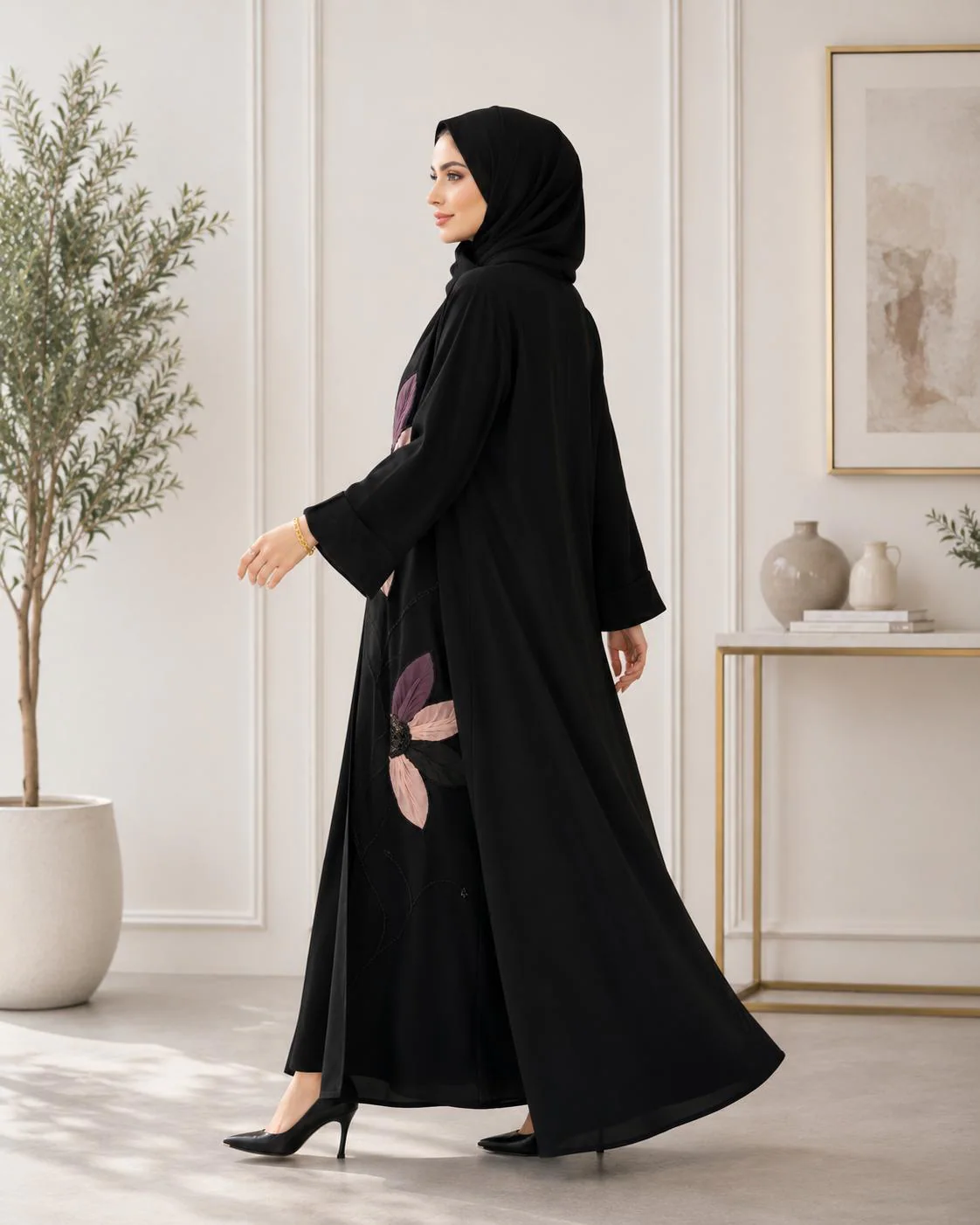 Black Open Front Abaya | Handmade 3D Floral Appliqué Kimono | Modest Eid Outfit - image 5
