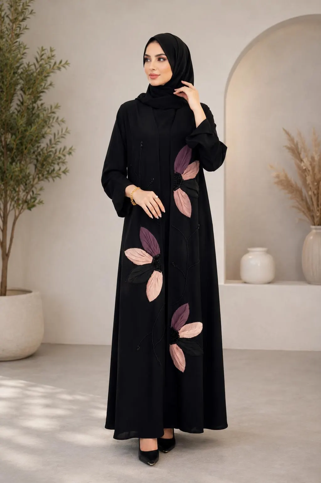 Black Open Front Abaya | Handmade 3D Floral Appliqué Kimono | Modest Eid Outfit - image 3