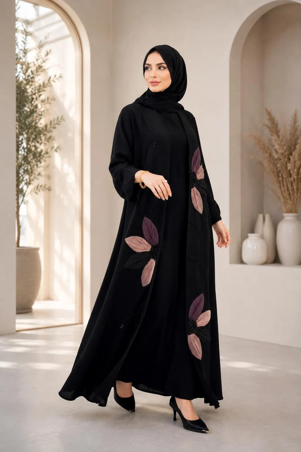 Black Open Front Abaya | Handmade 3D Floral Appliqué Kimono | Modest Eid Outfit - image 4