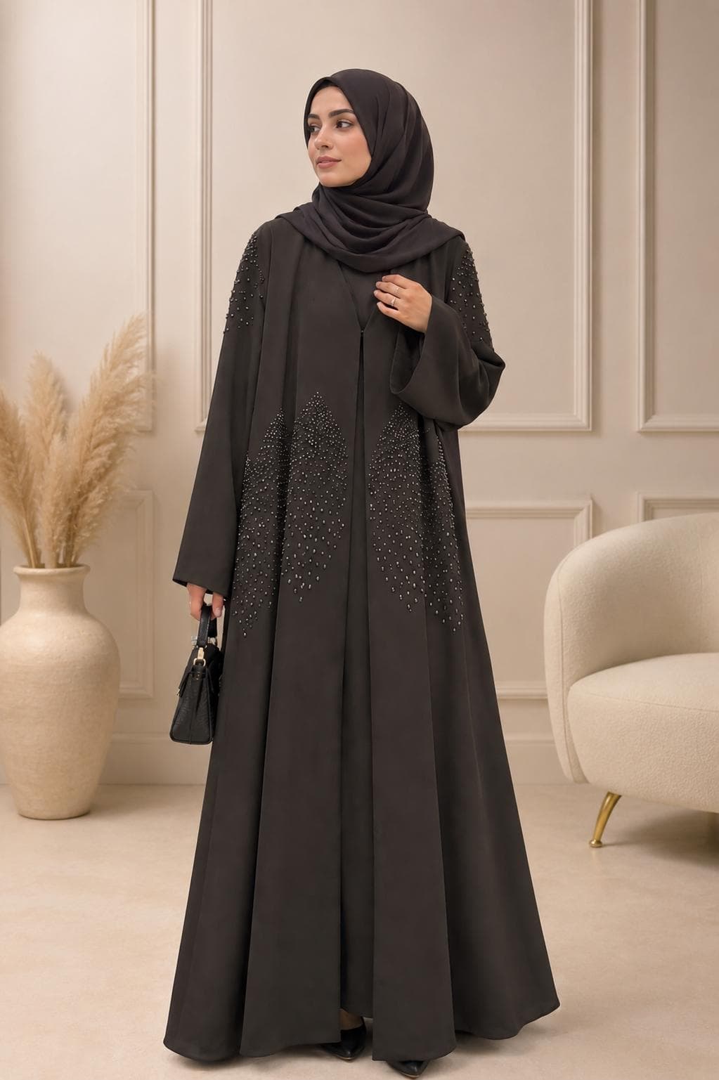 Luxury Beaded Kimono Abaya Set | Korean Nida Modest Muslim Dress (3 Piece) - image 3
