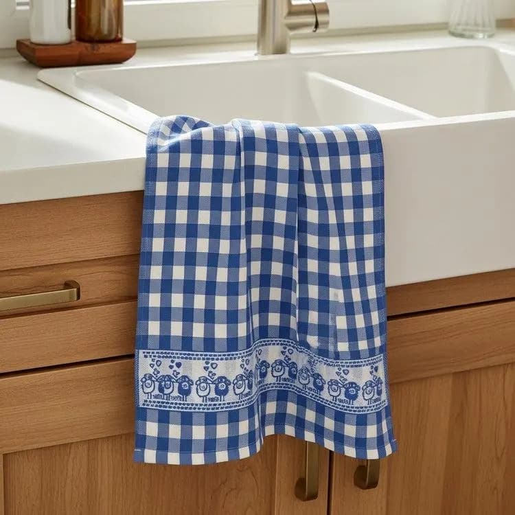 Blue Gingham Egyptian Cotton Kitchen Towel, Sheep Border Dishcloth (20x28 inch) - image 3