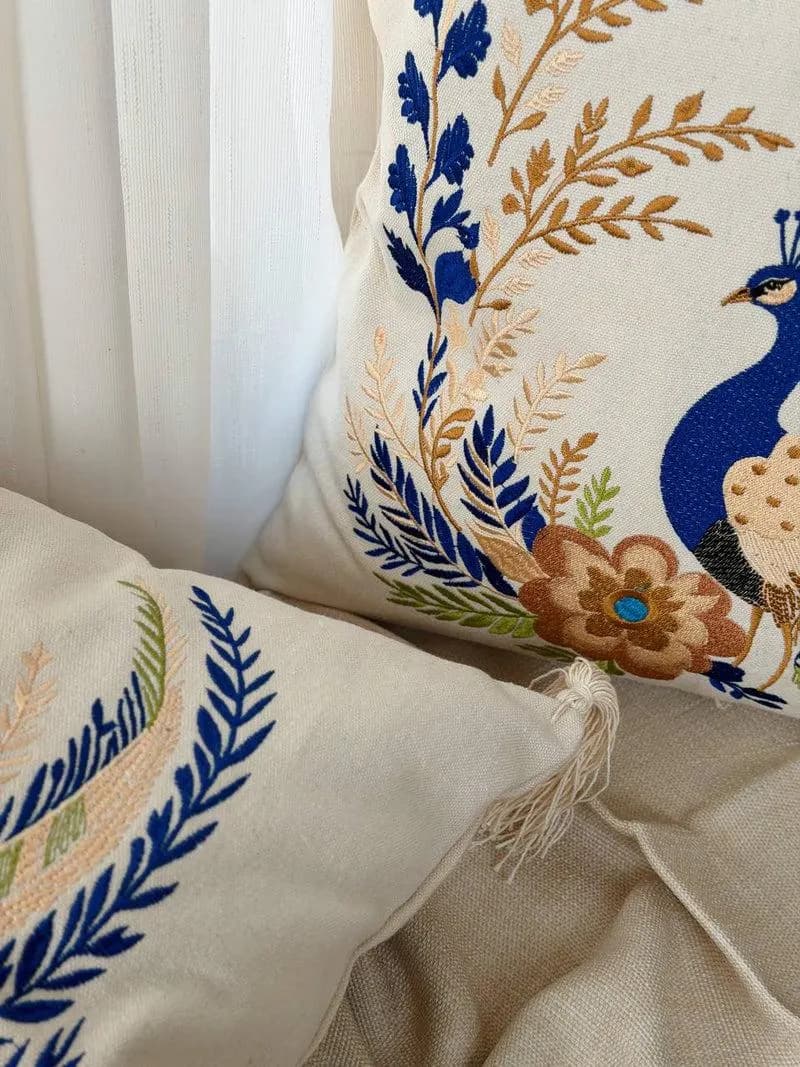 Upper Egypt Products Royal Peacock Embroidered Pillow Beige Throw Pillow Art Cushion - image 4