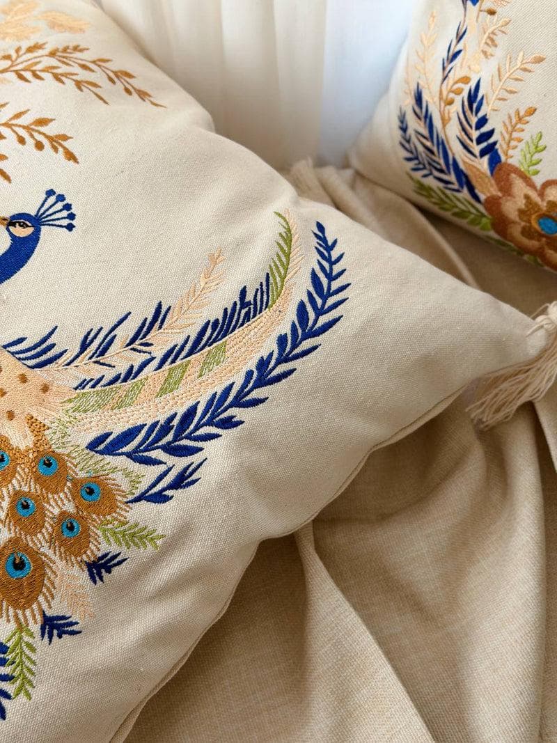 Upper Egypt Products Royal Peacock Embroidered Pillow Beige Throw Pillow Art Cushion - image 5
