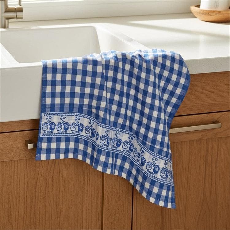 Blue Gingham Egyptian Cotton Kitchen Towel, Sheep Border Dishcloth (20x28 inch) - image 4