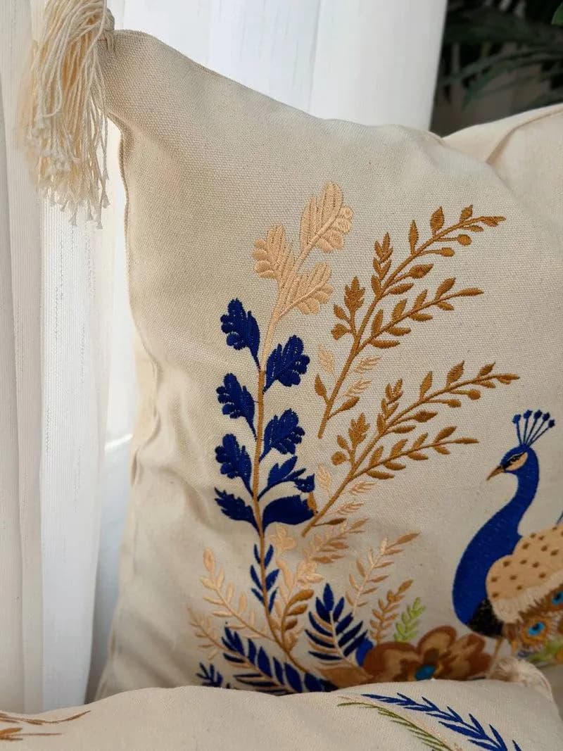 Upper Egypt Products Royal Peacock Embroidered Pillow Beige Throw Pillow Art Cushion - image 3
