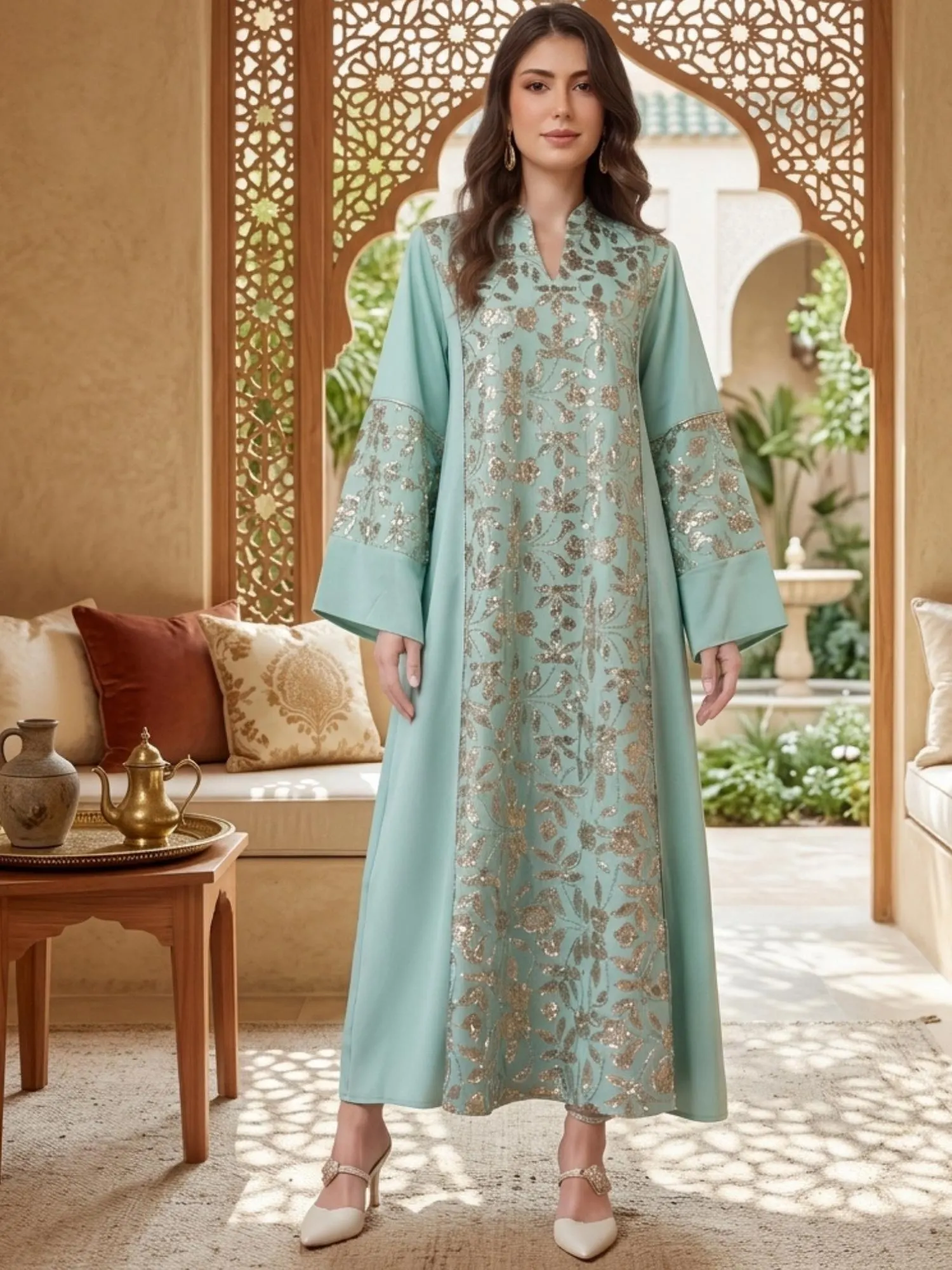 Elegant Moroccan Abaya Dress, Muslim Jalabiya Eid Dress, Embroidered Dubai Kaftan, Long Ramadan Party Dress, Modest Islamic Gown - image 3