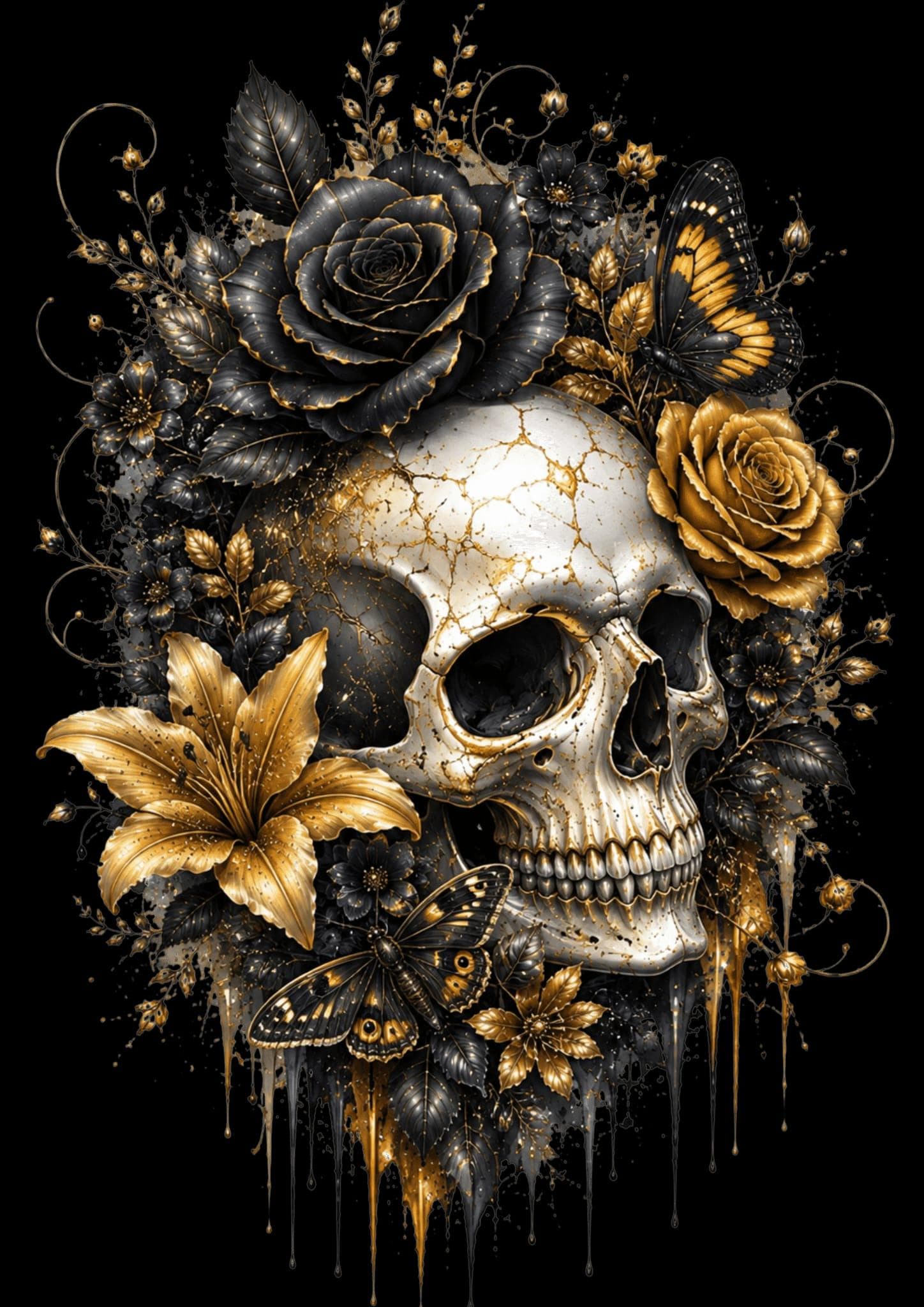 Floral Skull Clipart Bundle, Gothic Dark Floral Art, 5 PNG Files (Digital Download) - image 5