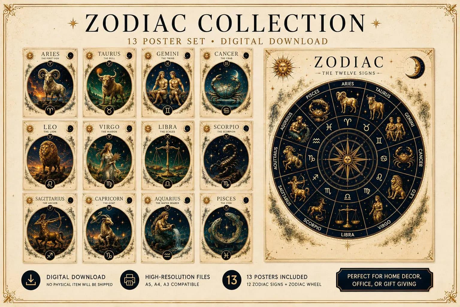 Zodiac Collection 13 Poster Set | Astrology Wall Art, Zodiac Signs & Celestial Zodiac Wheel | Printable Digital Download