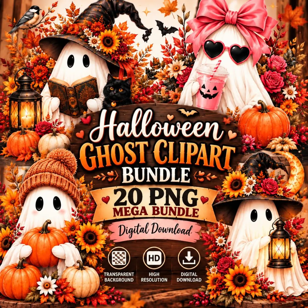 Halloween Ghost Clipart Bundle, Cute Ghost PNG, 20 PNG, Transparent Background, Digital Download