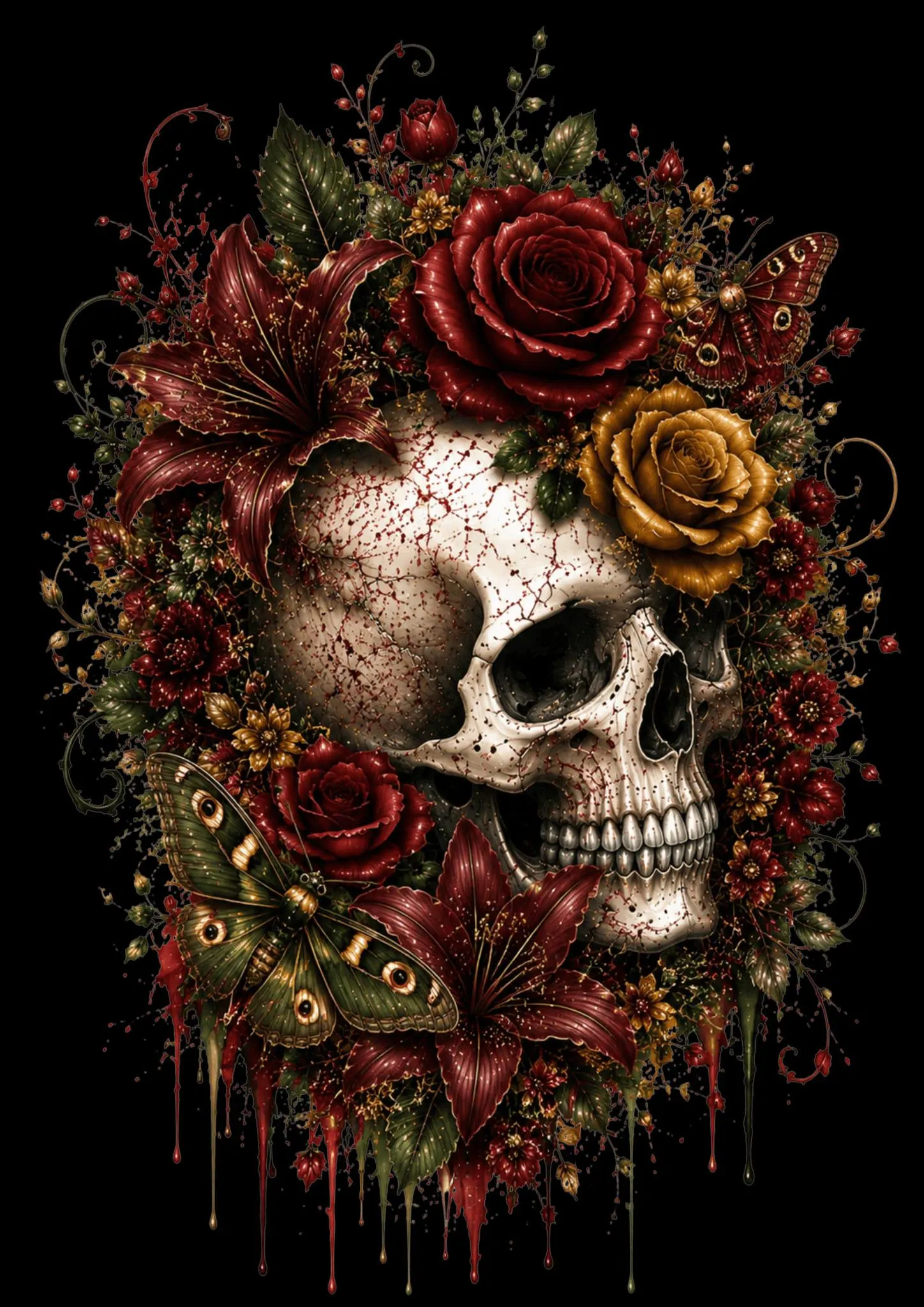 Floral Skull Clipart Bundle, Gothic Dark Floral Art, 5 PNG Files (Digital Download) - image 4