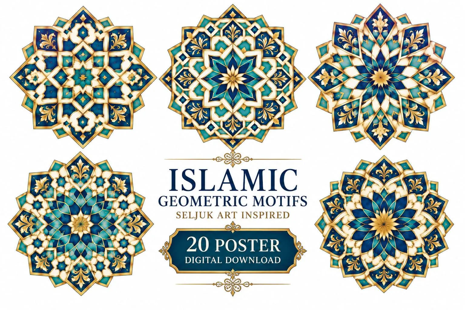 Islamic Geometric Wall Art, Seljuk Art Inspired Posters, Moroccan Islamic Pattern, Printable Digital Download, 20 Poster Set