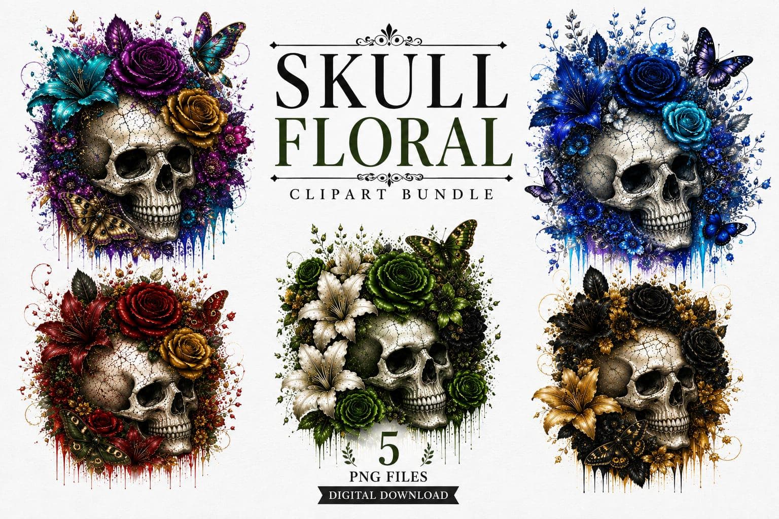 Floral Skull Clipart Bundle, Gothic Dark Floral Art, 5 PNG Files (Digital Download)