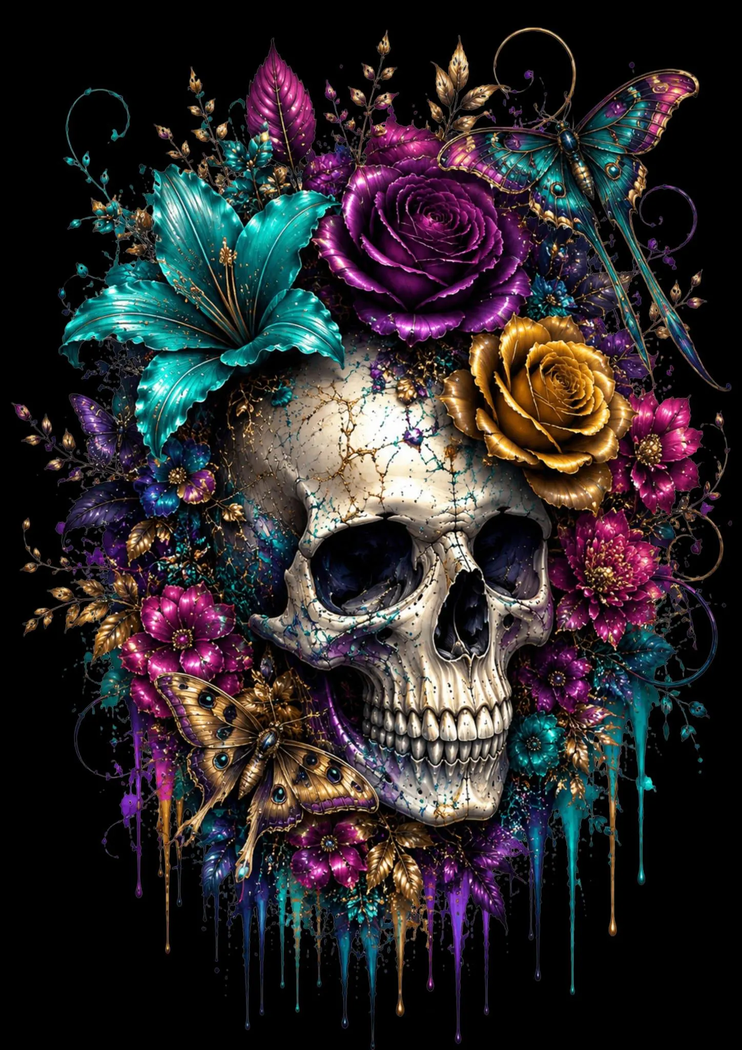 Floral Skull Clipart Bundle, Gothic Dark Floral Art, 5 PNG Files (Digital Download) - image 2