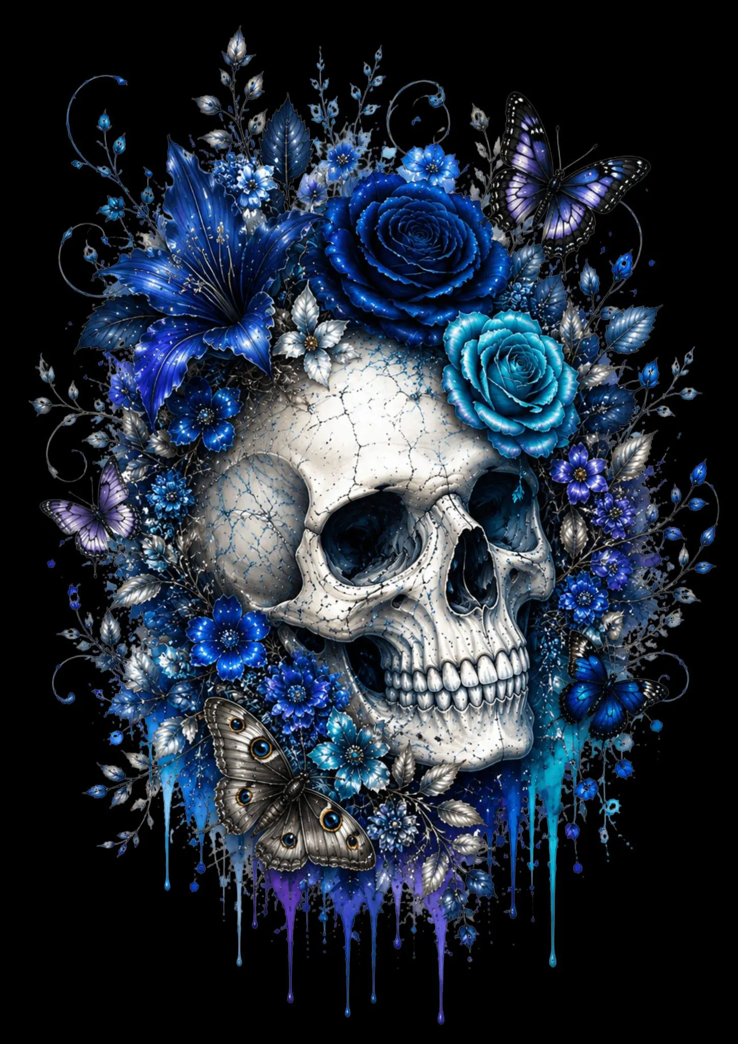 Floral Skull Clipart Bundle, Gothic Dark Floral Art, 5 PNG Files (Digital Download) - image 3