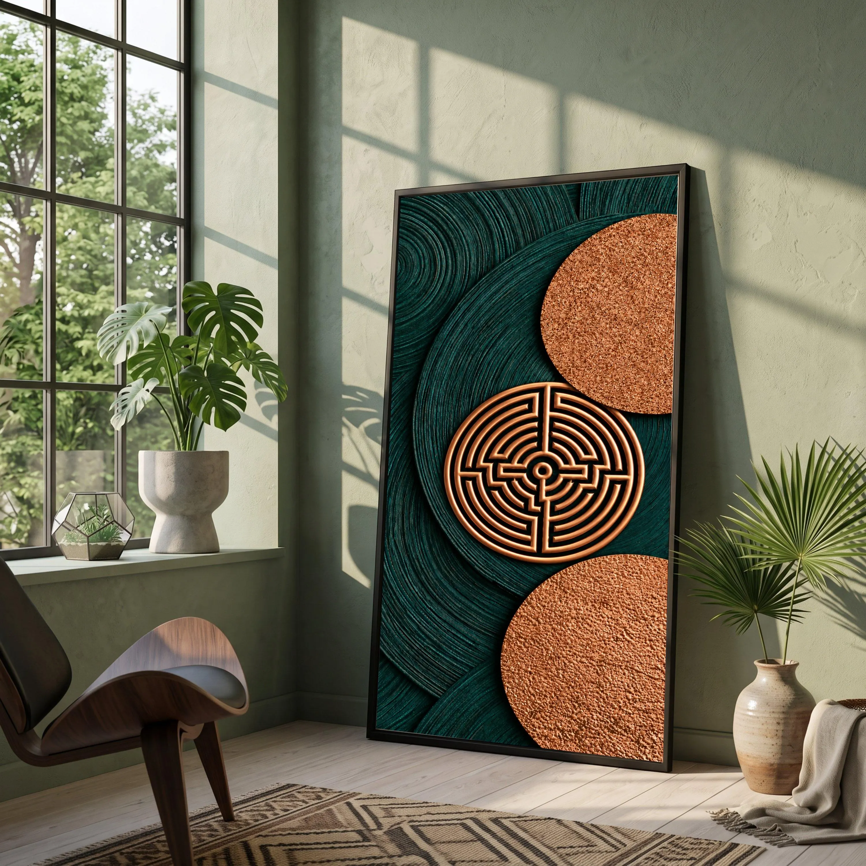 Geometric Copper Circles Canvas Wall Art, Modern Abstract Labyrinth Design, Metallic Home Decor
