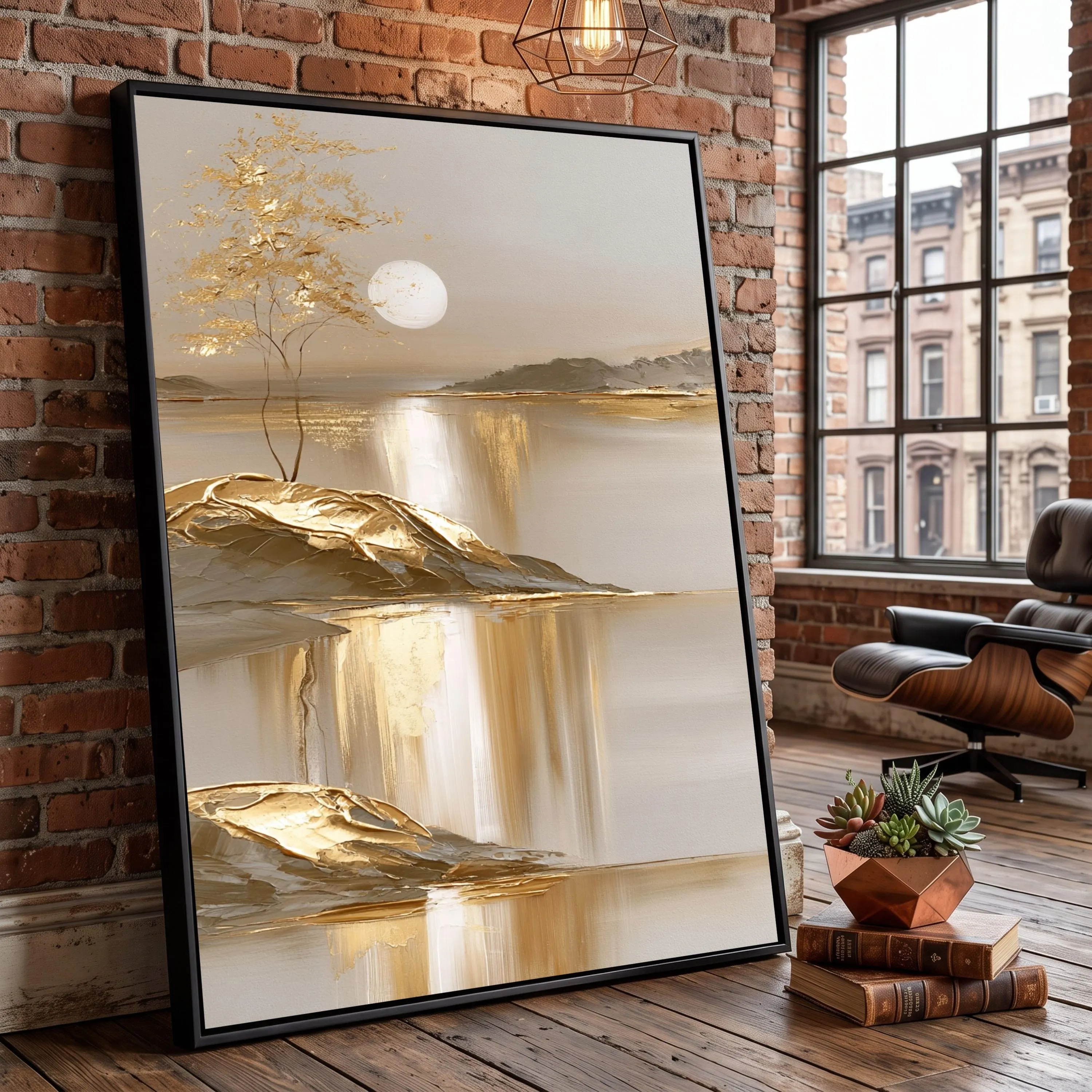 Golden Sunset Landscape Canvas, Abstract Nature Wall Art, Metallic Tree Reflection (Ready to Hang)