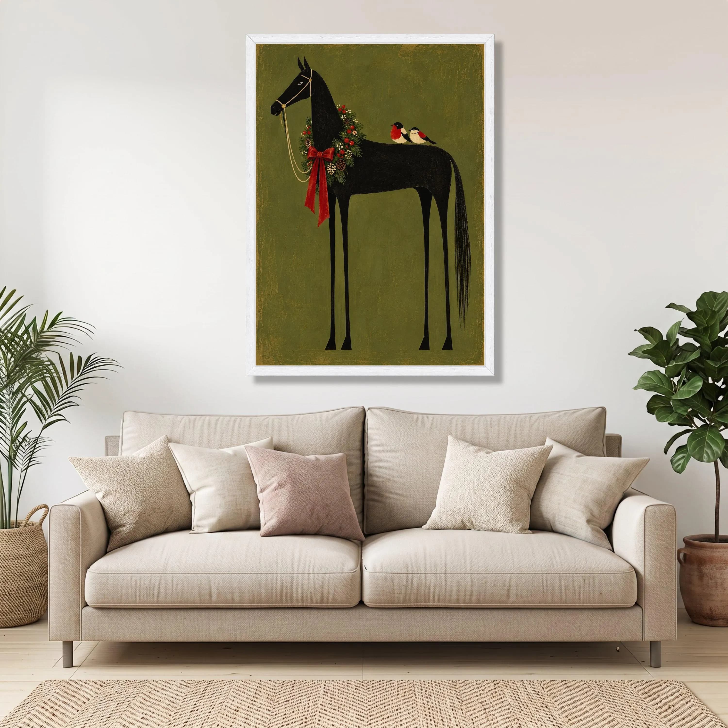Black Horse Christmas Wreath Canvas, Rustic Farmhouse Holiday Art Print - image 4