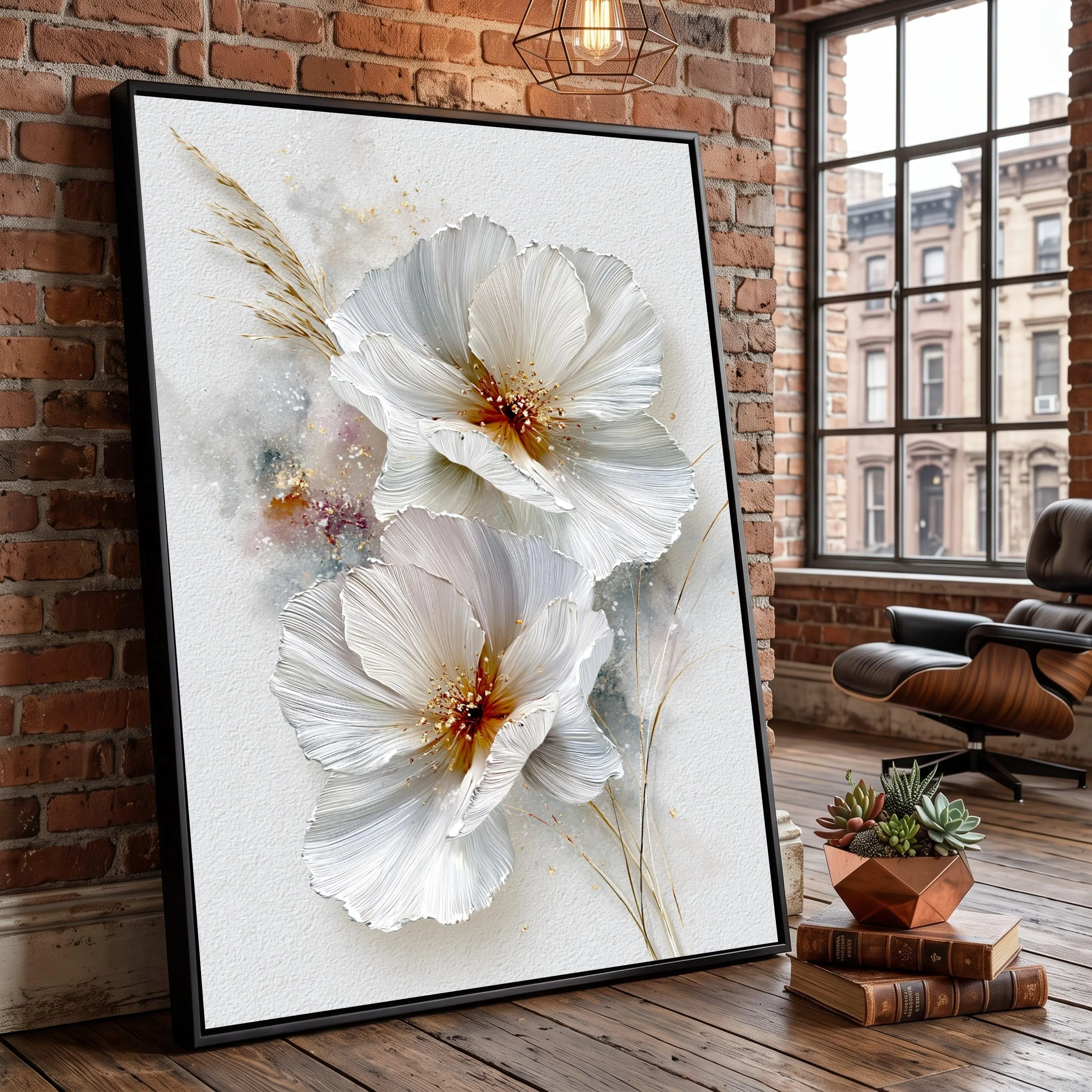 Large White Floral Canvas Art, Modern Botanical Print, Ready to Hang (Large Bloom)