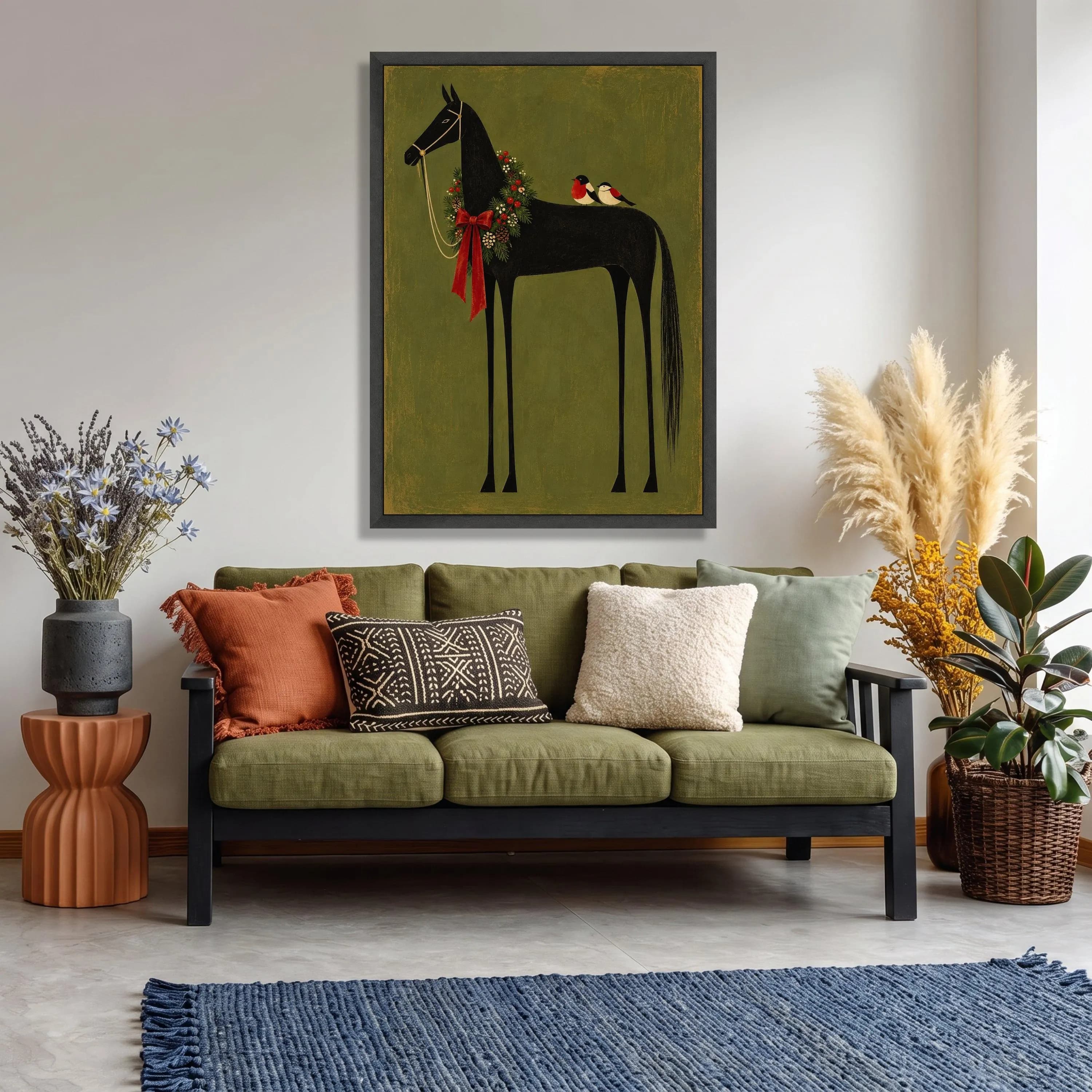 Black Horse Christmas Wreath Canvas, Rustic Farmhouse Holiday Art Print - image 3