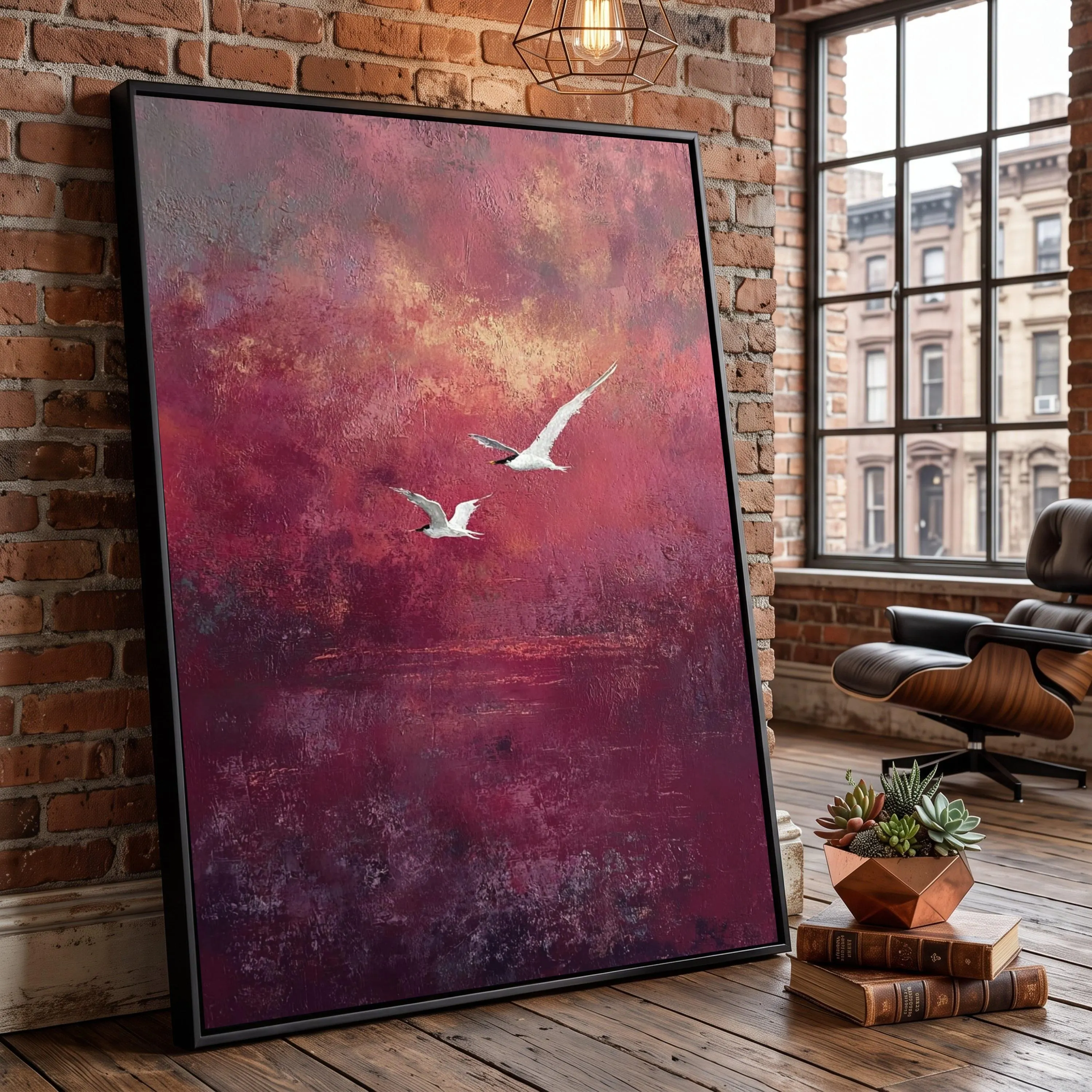 Abstract Sunset Birds Canvas, Red Clouds Nature Art, Ready to Hang Wall Decor