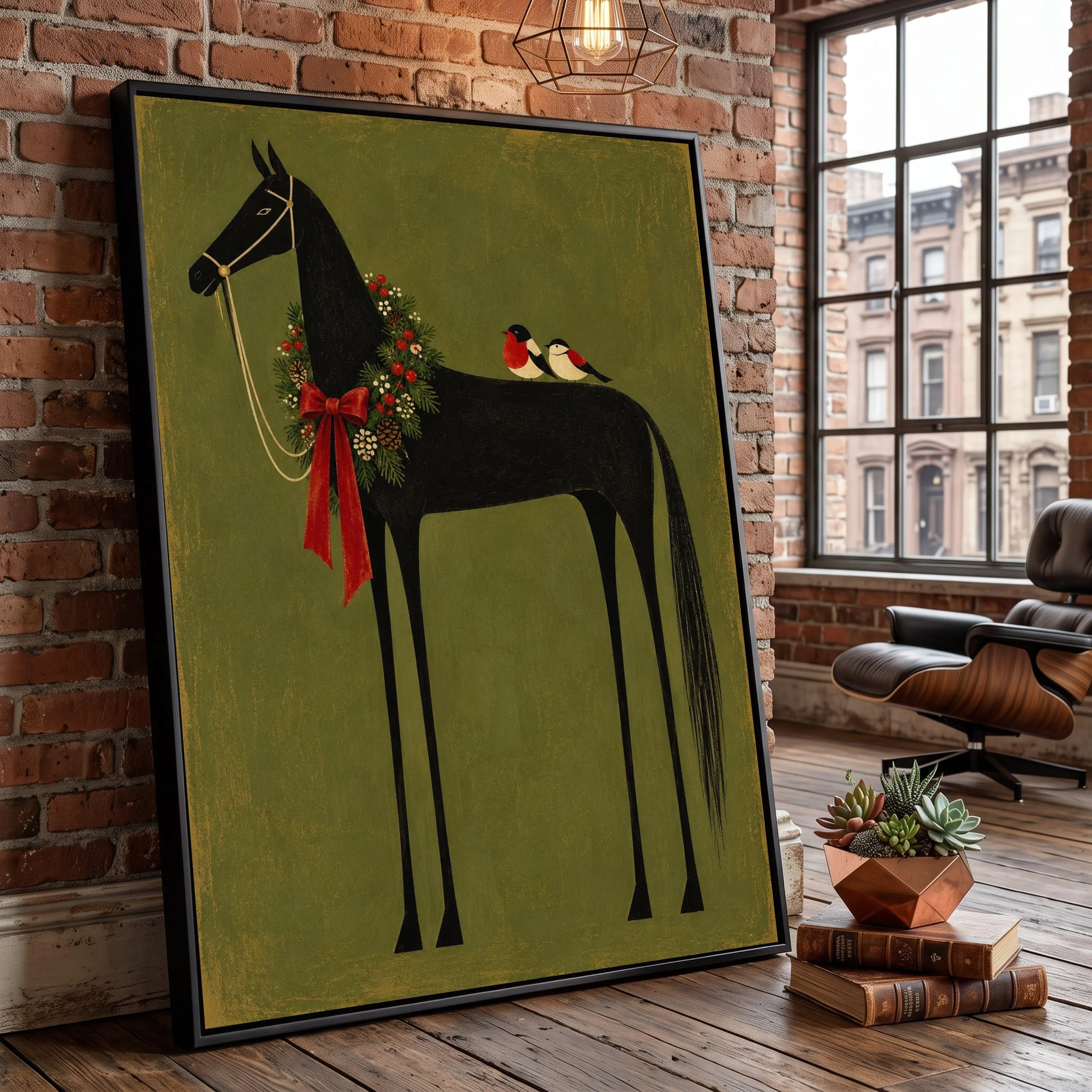 Black Horse Christmas Wreath Canvas, Rustic Farmhouse Holiday Art Print