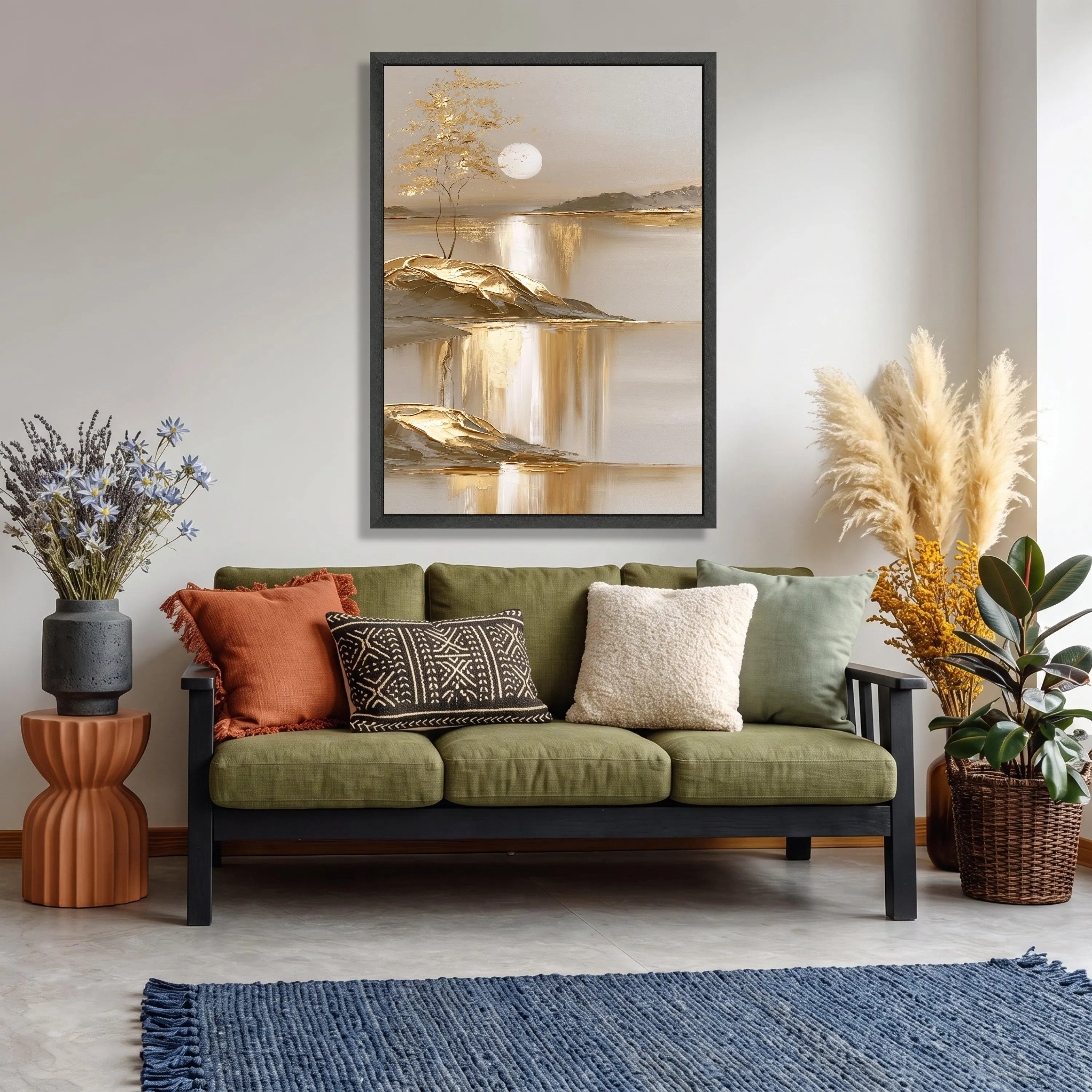 Golden Sunset Landscape Canvas, Abstract Nature Wall Art, Metallic Tree Reflection (Ready to Hang) - image 3