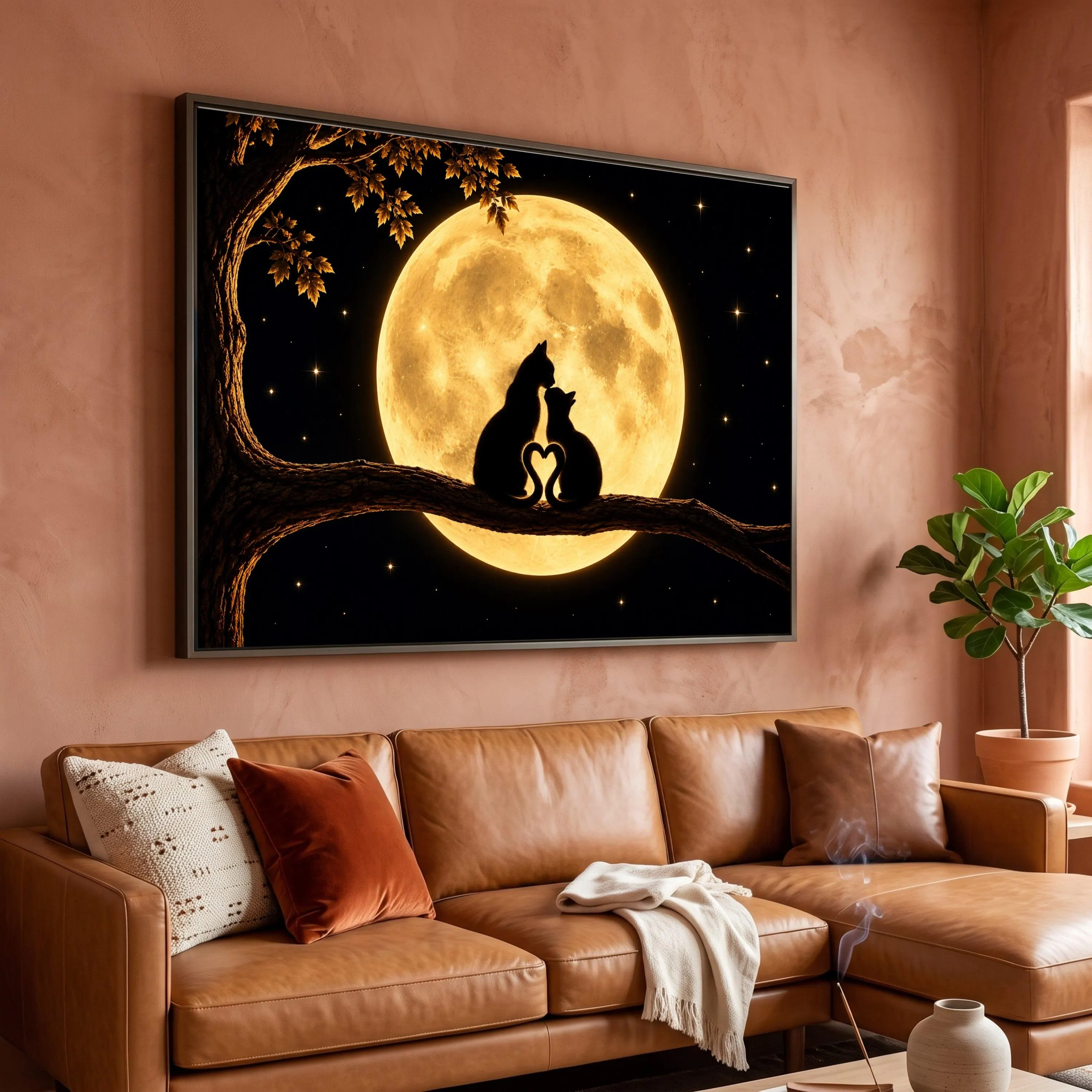 Romantic Cat Silhouette Canvas, Full Moon Night Art, Nature Scene Wall Decor